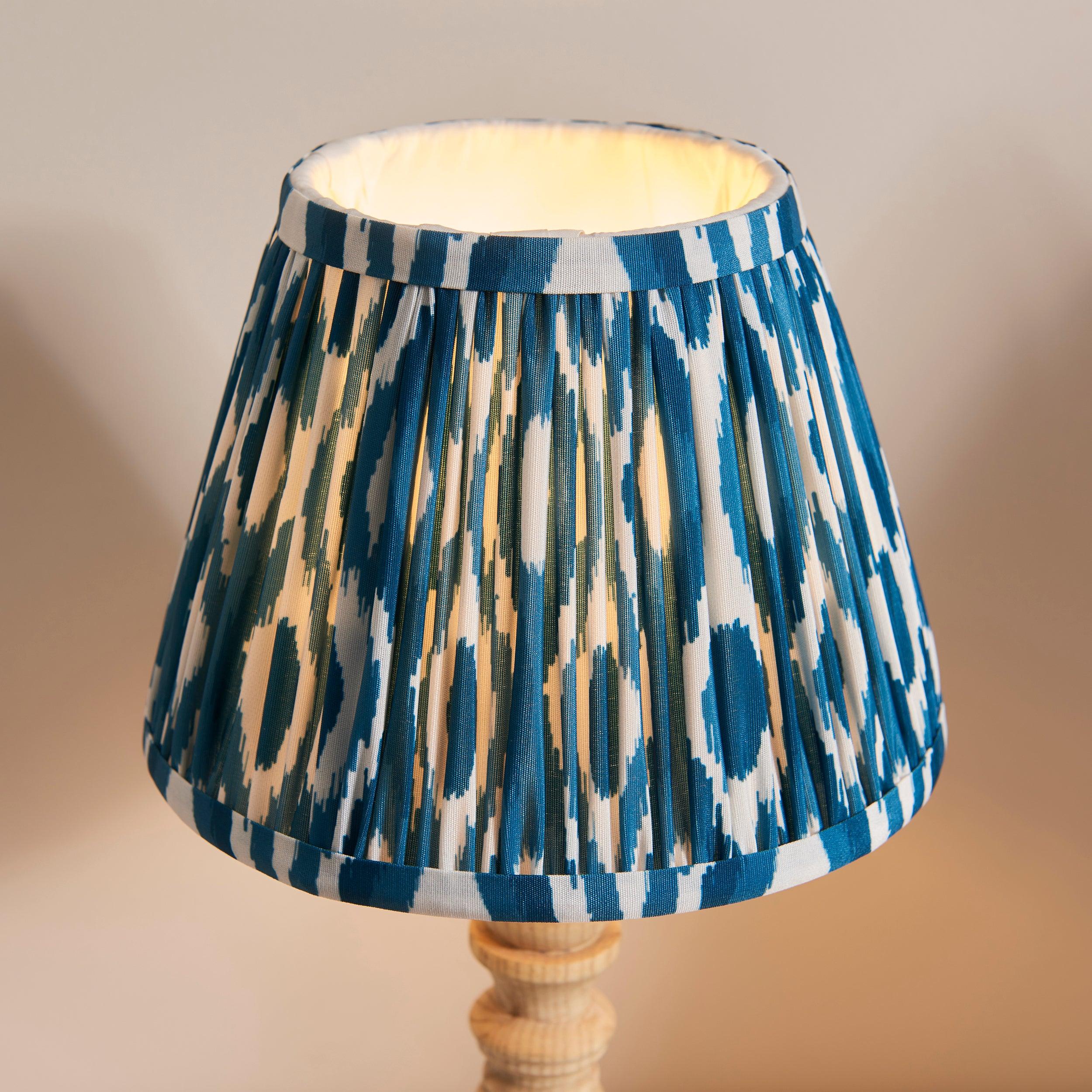 Bibury Wooden Table Lamp with Ikat 20cm Marlin Blue Shade - Stylish Bedside Lighting for Bedroom, Living Room & Office Decor