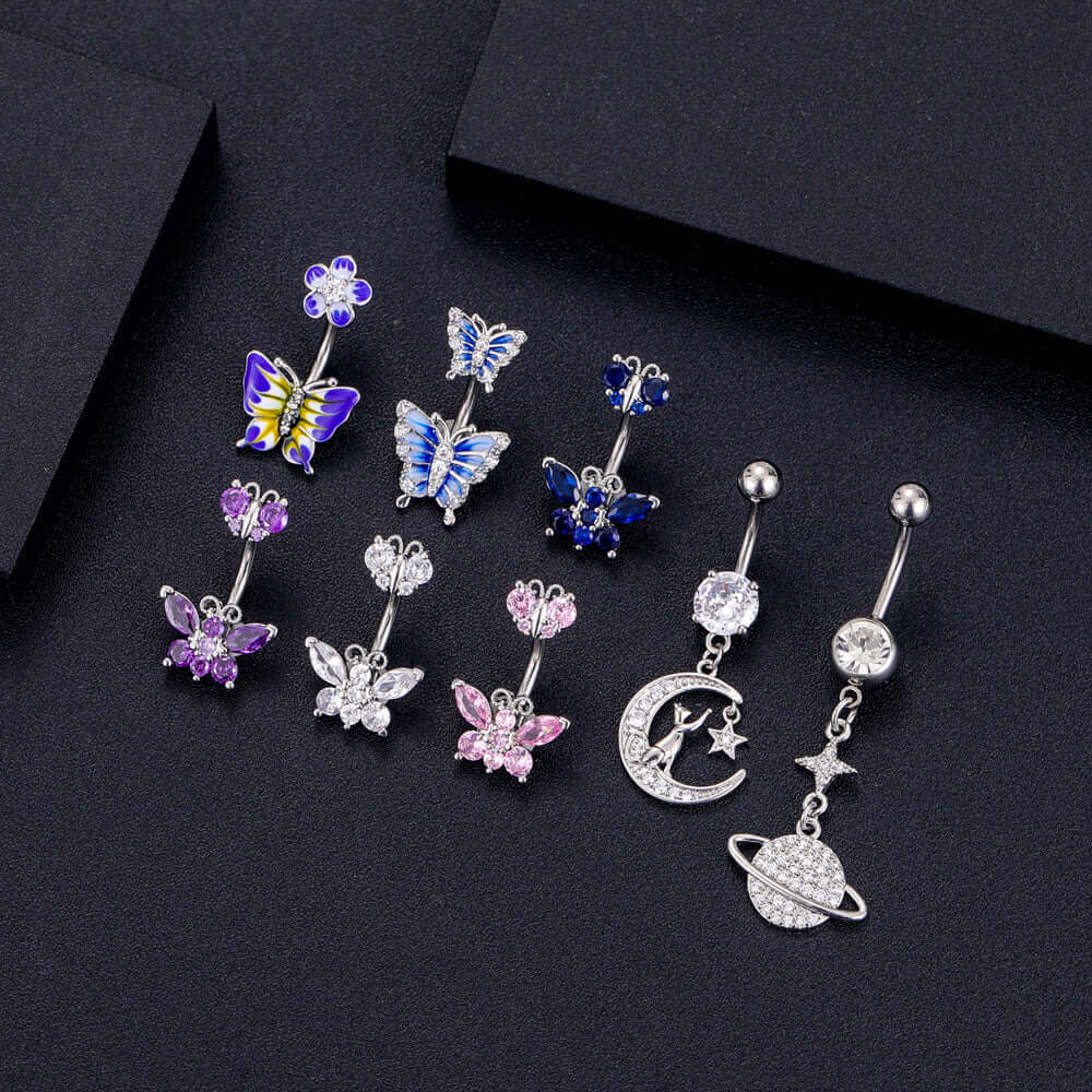 14G Purple CZ Butterfly Double Mount Dangle Belly Button Ring | WH2560 - Stylish Body Jewelry for Women, Perfect for Parties, Beach & Summer Outfits
