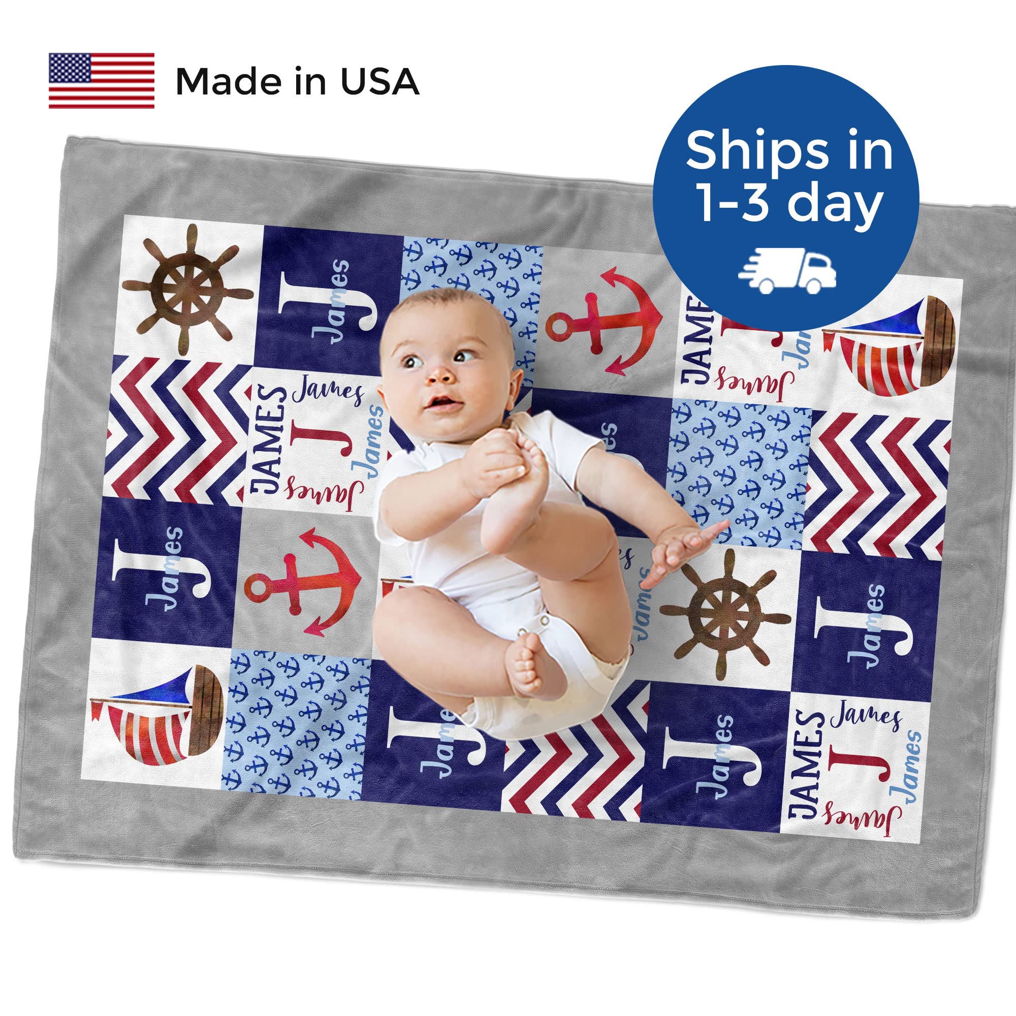 Personalized Nautical Baby Blankets for Boys - Custom Name Embroidered Newborn Gift | Perfect for Showers, Birthdays & Nursery Decor (Nautical HA76)