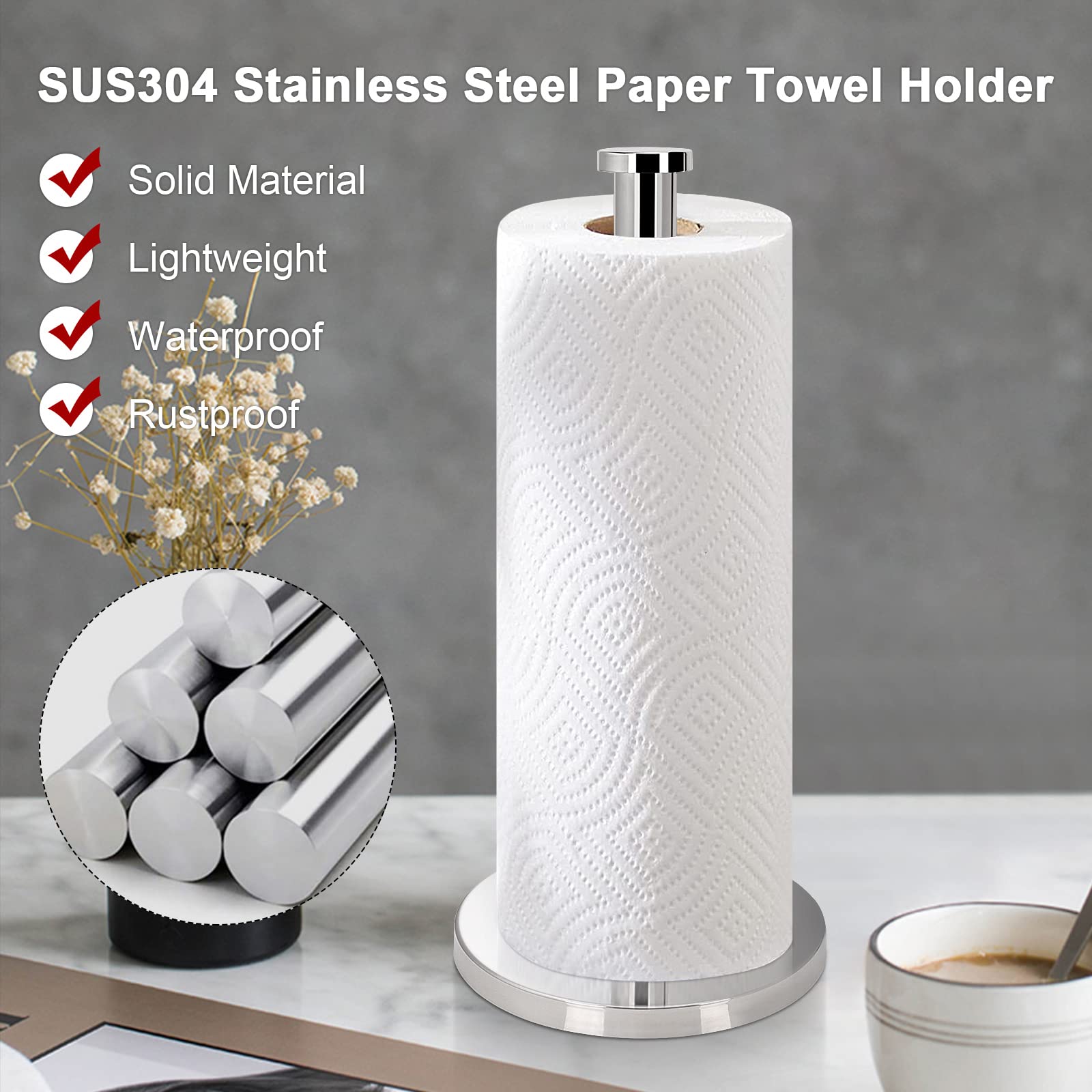 NearMoon Standing Paper Towel Holder - Stainless Steel Base with Chrome Finish for Kitchen & Bathroom | Fits Standard & Jumbo Rolls | Countertop Organizer for Home & Office Use