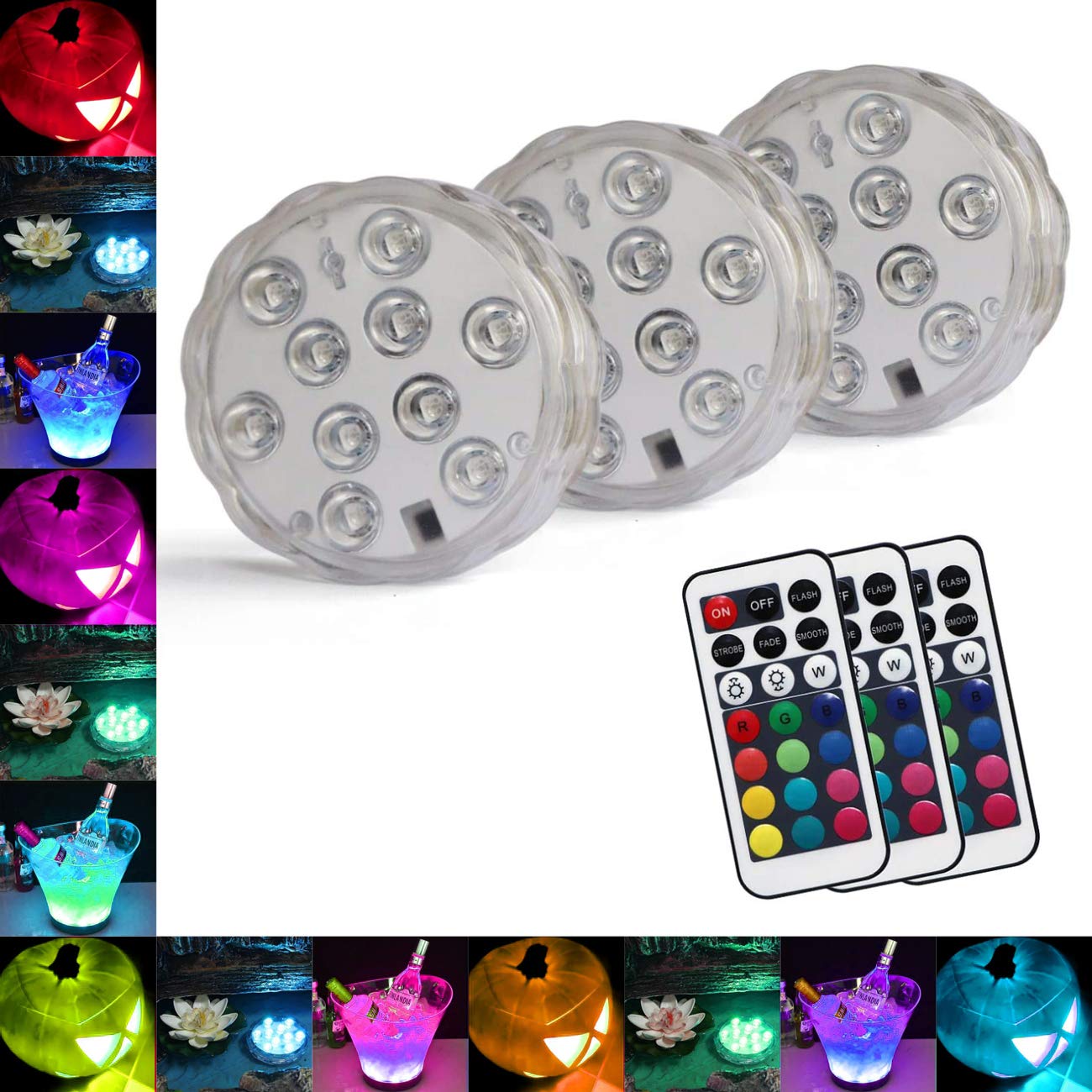 Durawell RGB Color Changing LED Lights - 13 Colors, 4 Modes, Battery Powered, Waterproof Submersible Lights with Remote Control (3 Pack) - Perfect for Pool, Aquarium, Party, and Home Decoration