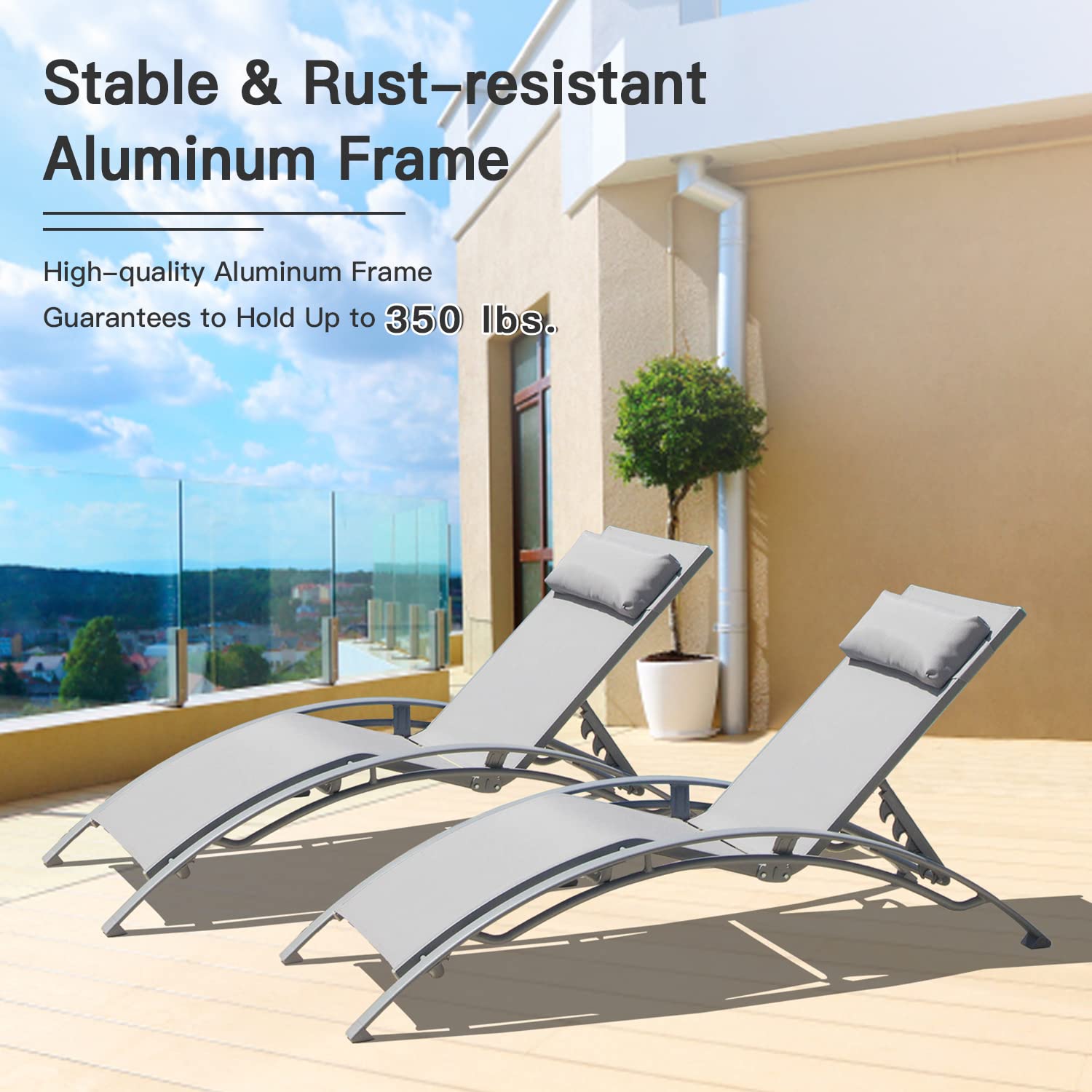 Premium Aluminum Lounge Chair Set of 2 - 5-Position Adjustable Outdoor Chaise Lounge for Poolside, Beach, Garden & Patio - Weather-Resistant Gray Patio Furniture for Relaxation & Sunbathing