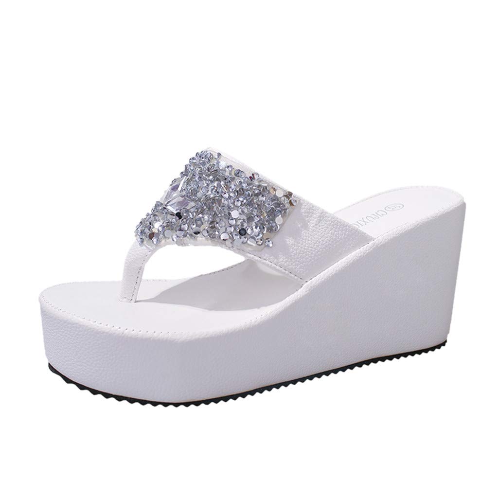 Kaicran Women's Rhinestone Wedge Slippers - Comfortable High Heel Flip Flops with Clip Toe for Beach, Pool, and Summer Outfits | Fashion Slip-On Sandals for Casual Wear