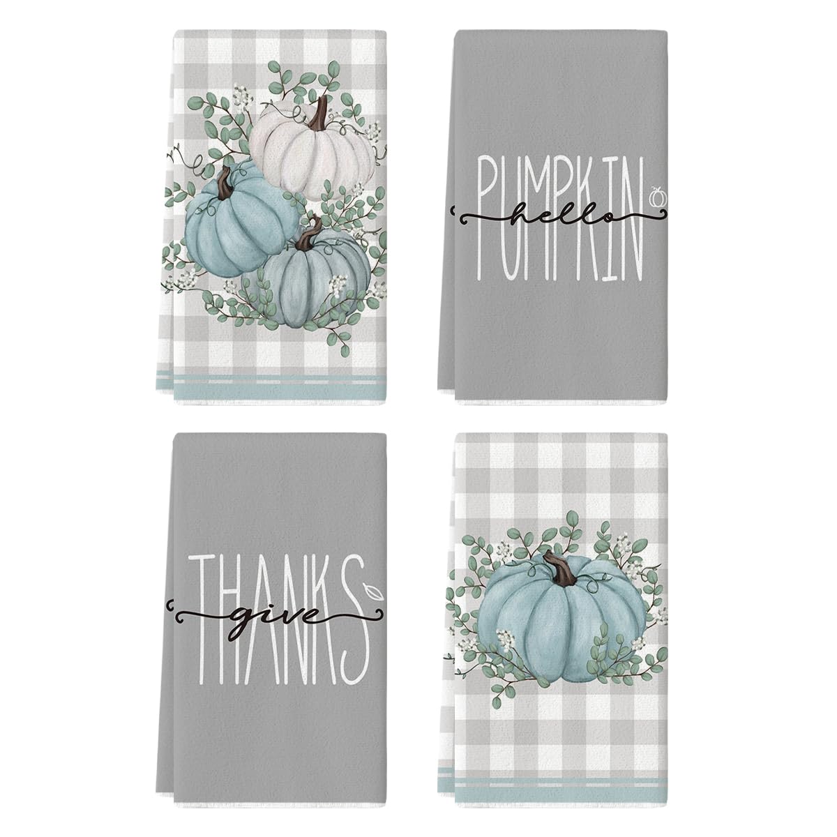 Artoid Mode Grey Eucalyptus Leaves Hello Pumpkin Fall Kitchen Towels - Set of 4 Farmhouse Dish Towels 18x26 Inch, Thanksgiving Home Decor for Kitchen, Dining Room & Holiday Table Setting