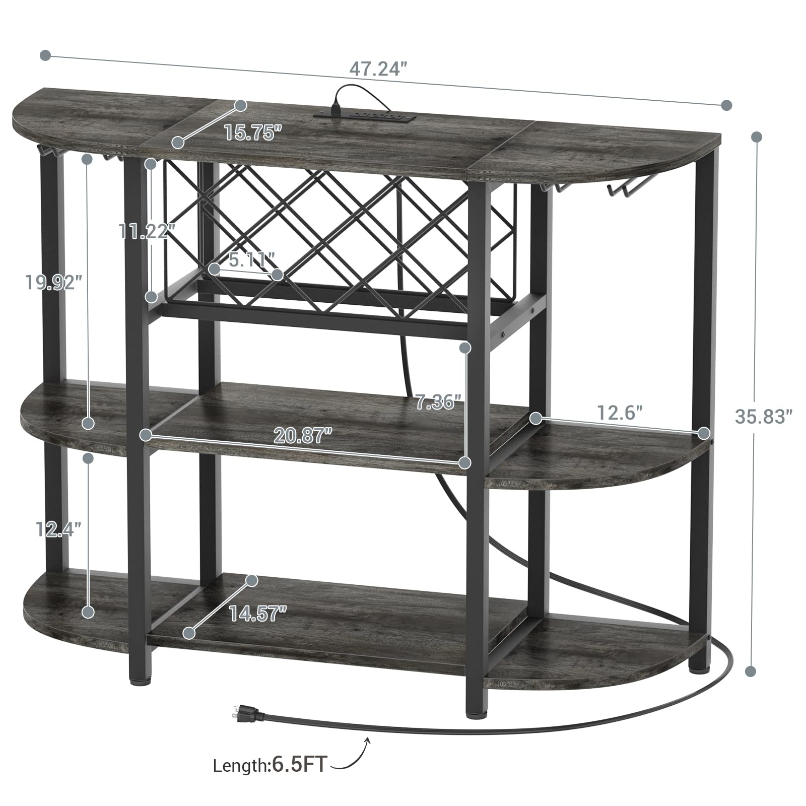 Unikito 4-Tier Metal Coffee Bar Cabinet with Power Outlet & LED Lights - Freestanding Floor Bar Table with Glass Holder & Wine Rack Storage - Gray Oak Kitchen Bar Cart for Coffee, Wine & Liquor Organization - Perfect for Dining Room, Kitchen or Home Bar Setup