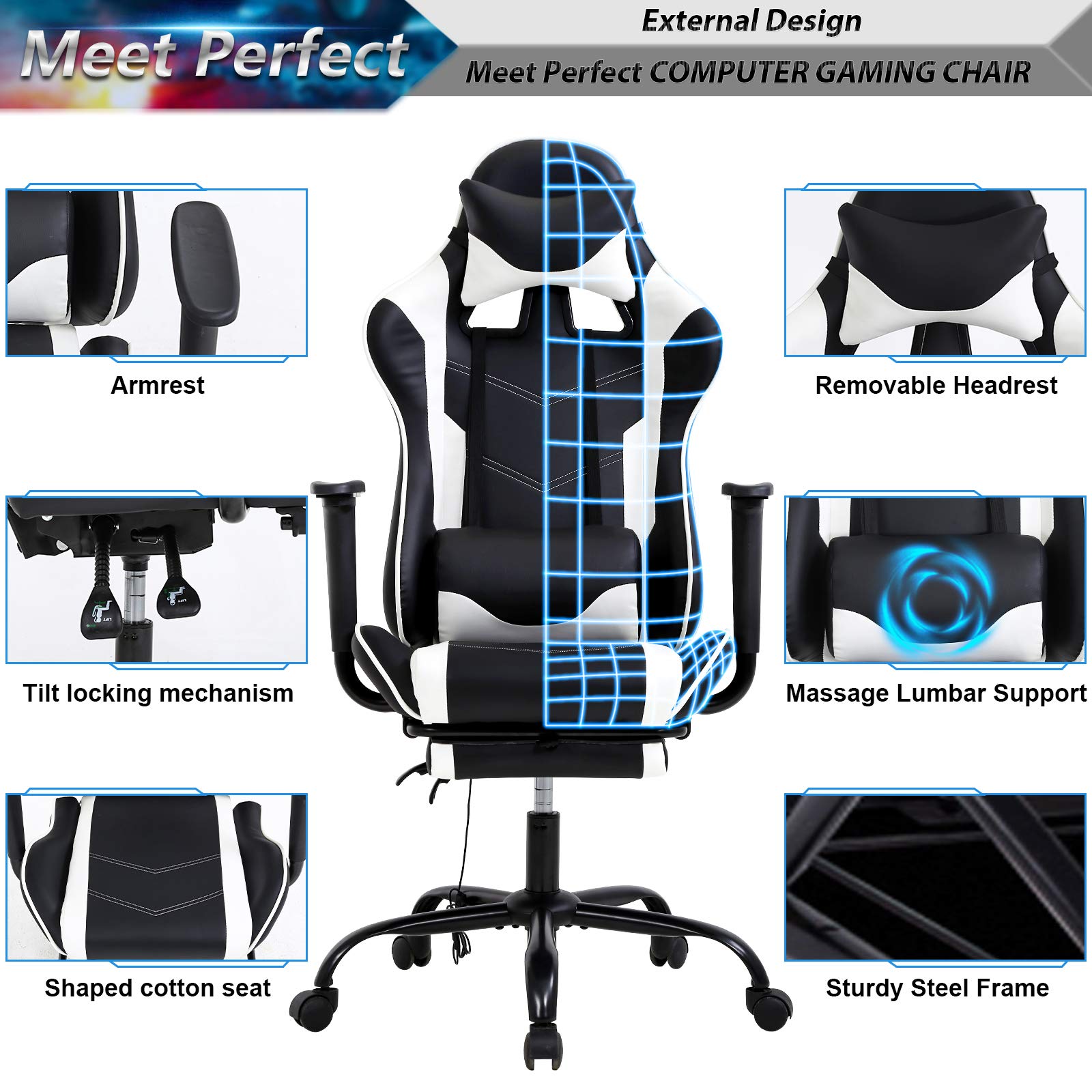 Ergonomic Gaming & Office Chair - High Back Computer Desk Chair with Lumbar Support, Retractable Footrest & PU Leather - Adjustable Swivel Racing Style Chair for Adults (White) - Perfect for Home Office, Gaming Setup & Workstation Comfort