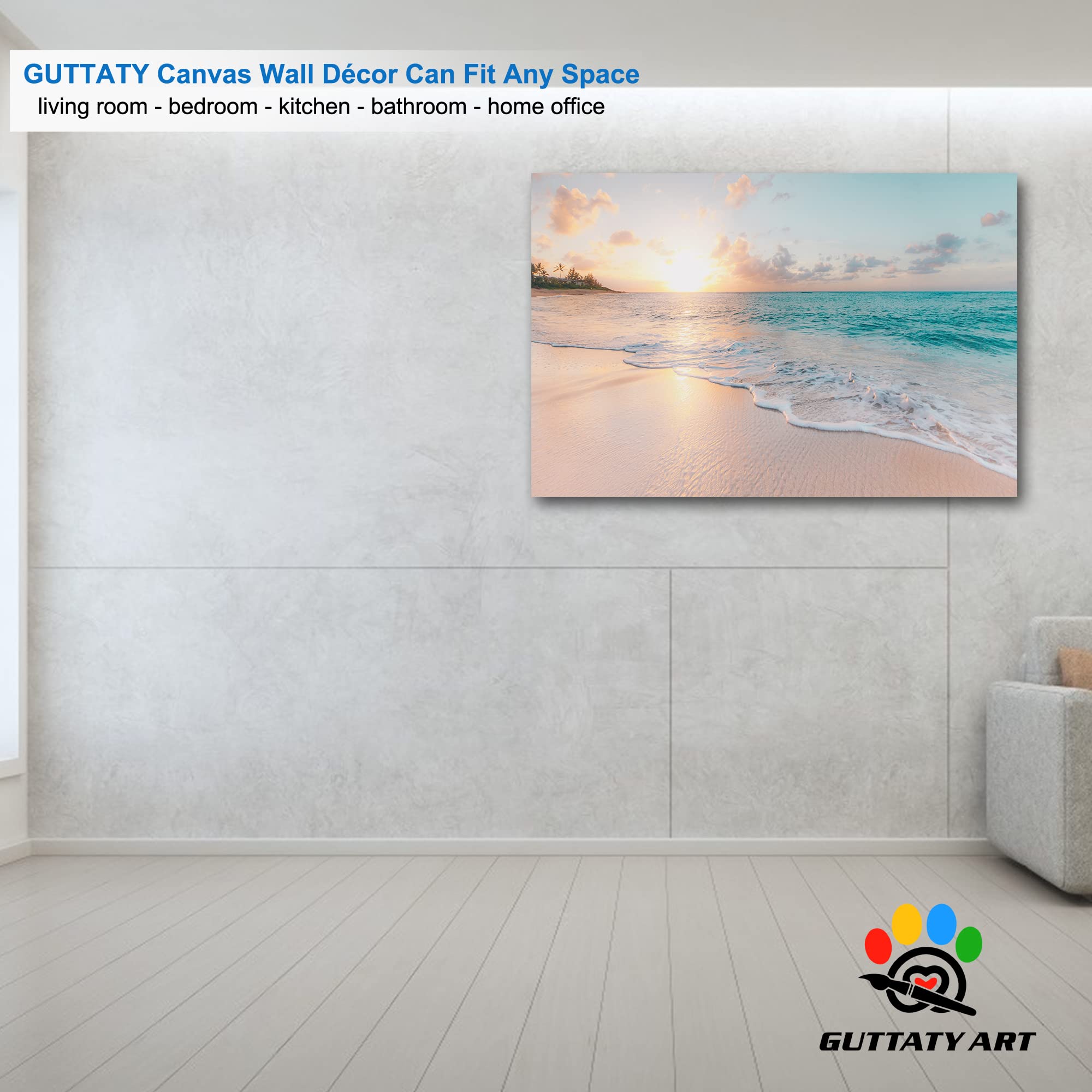 GUTTATY Large Sunrise and Beach Canvas Wall Art - Coastal Ocean Painting for Living Room Decor, Framed Seascape Print (32x48 Inches) - Perfect for Beach House, Bedroom, or Office Wall Decoration