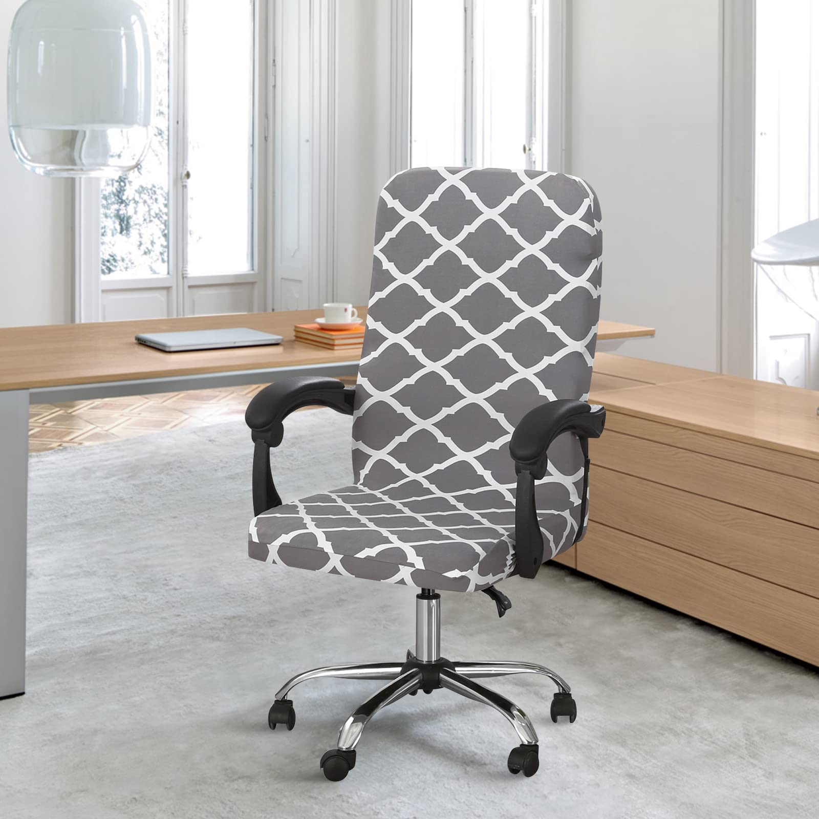 Durable Zippered Office Chair Cover - Washable Stretchable Desk Chair Slipcover for High Back Computer Chairs - Medium Size Grey Rhombus Print - Perfect for Home Office, Gaming & Workspace Decor