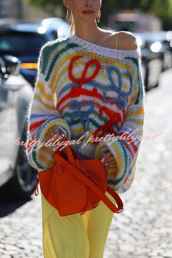 Rainbow Striped Loose Knit Sweater for Women - Cozy Hollow Out Pullover with Contrast Colors | Perfect for Fall Layering & Casual Outfits