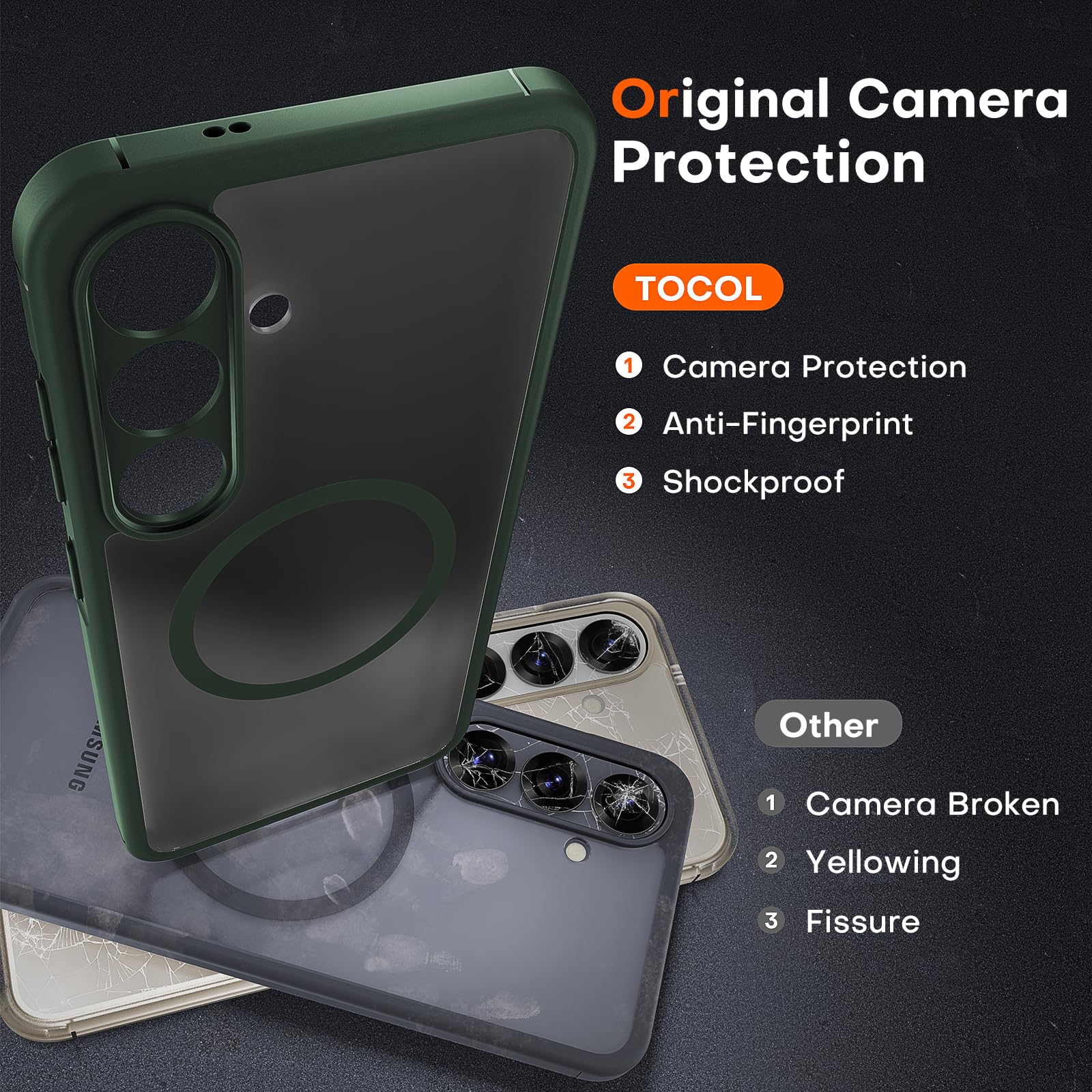 TOCOL 5 in 1 Samsung Galaxy S22 Case 6.1 Inch - Military Grade Shockproof Slim Cover with 2 Pack Screen Protector + 2 Pack Camera Lens Protector, Translucent Matte Back (Green) - Perfect for Outdoor Activities, Travel & Daily Protection