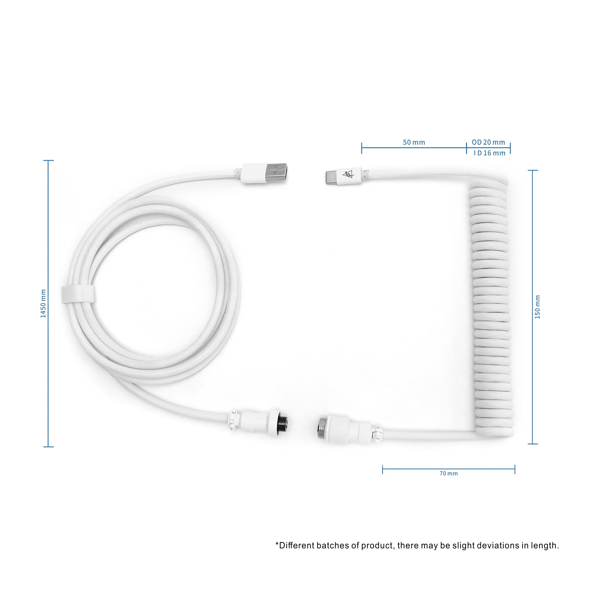 Premium Coiled USB-C to USB-A Aviator Cable for Mechanical Keyboards - Double Sleeved Nylon Braided Keyboard Cable with Storage Bag (White) - Perfect for Gaming, Typing & Custom Keyboard Setups