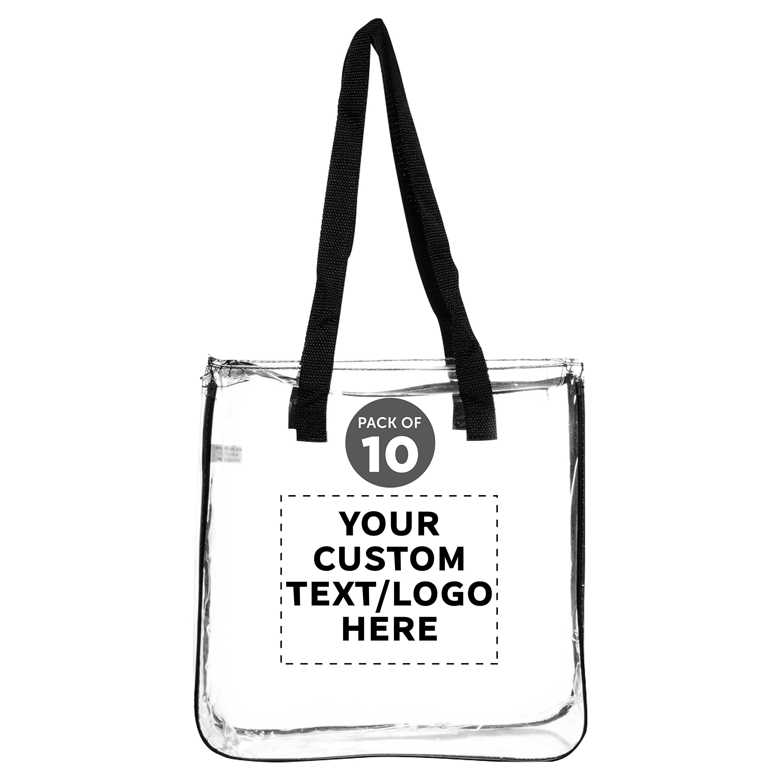Custom Clear Tote Bags Set of 10 - Personalized Bulk Pack Reusable Shopping Bags for Grocery, Beach, Picnic & Wedding Favors - Eco-Friendly Clear Plastic Totes - Perfect for Retail Promotions, Events & Gift Giving (Black)