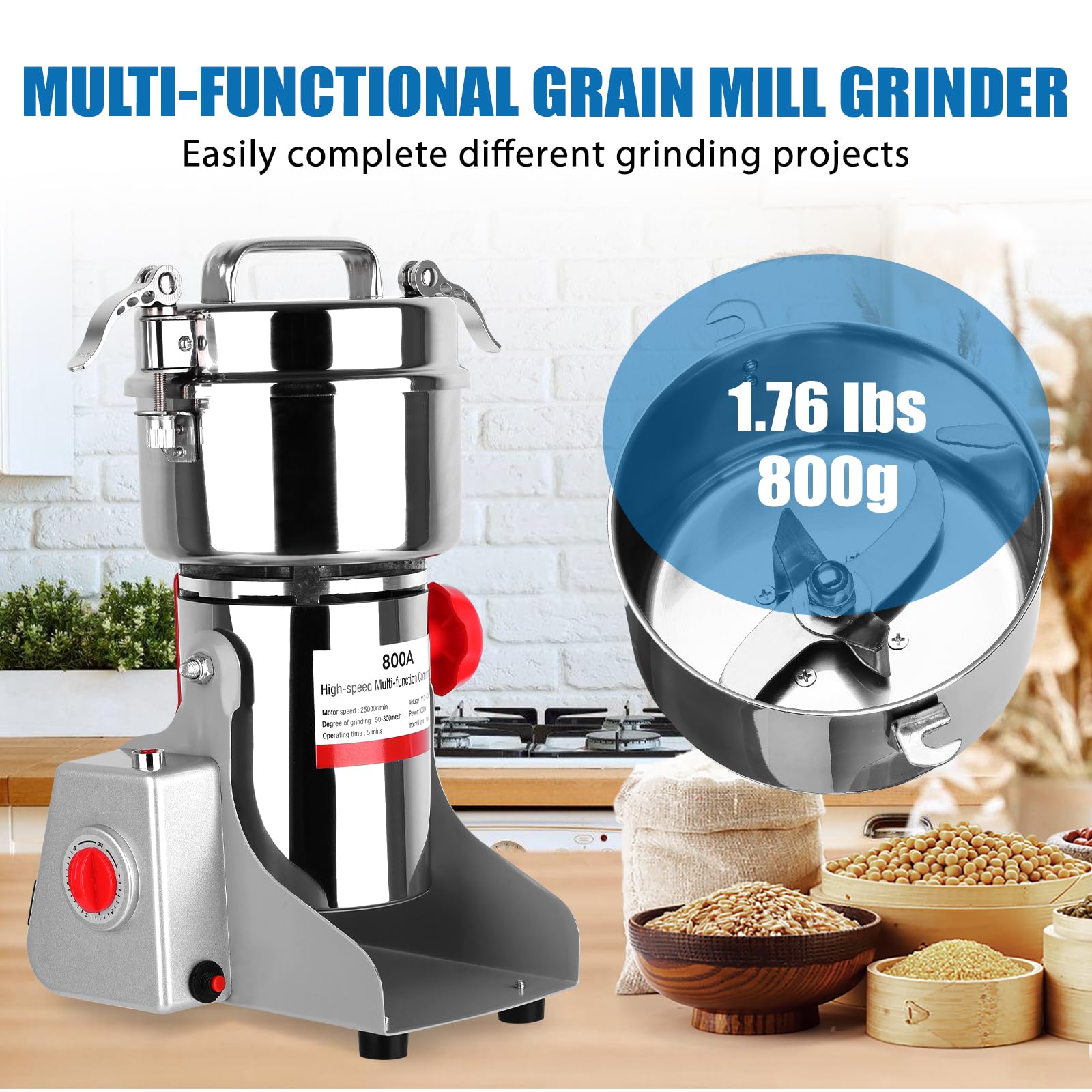 800W Electric Grain Mill Grinder - 800g Stainless Steel Commercial Spice & Herb Grinder - High-Speed 2400W Pulverizer for Coffee, Corn, Pepper, Dry Grains - Perfect for Home Kitchens, Bakeries & Coffee Shops