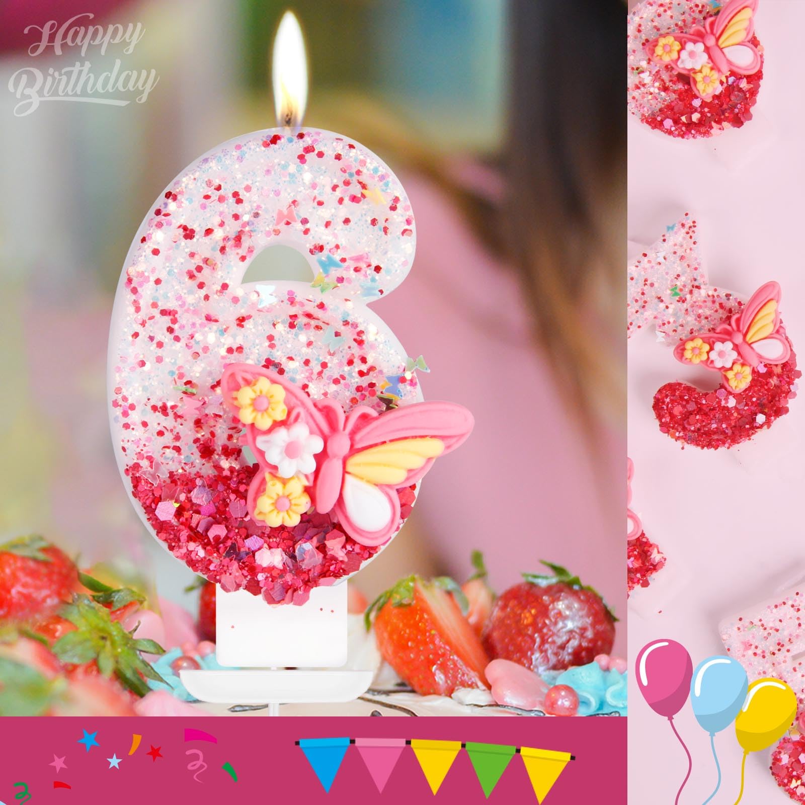 3rd Birthday Candles for Girls - Pink Butterfly Number 3 Cake Topper - Birthday Party, Wedding & Anniversary Celebration Decorations - Perfect for Girls' Birthday Cakes, Cupcakes, and Dessert Table Displays