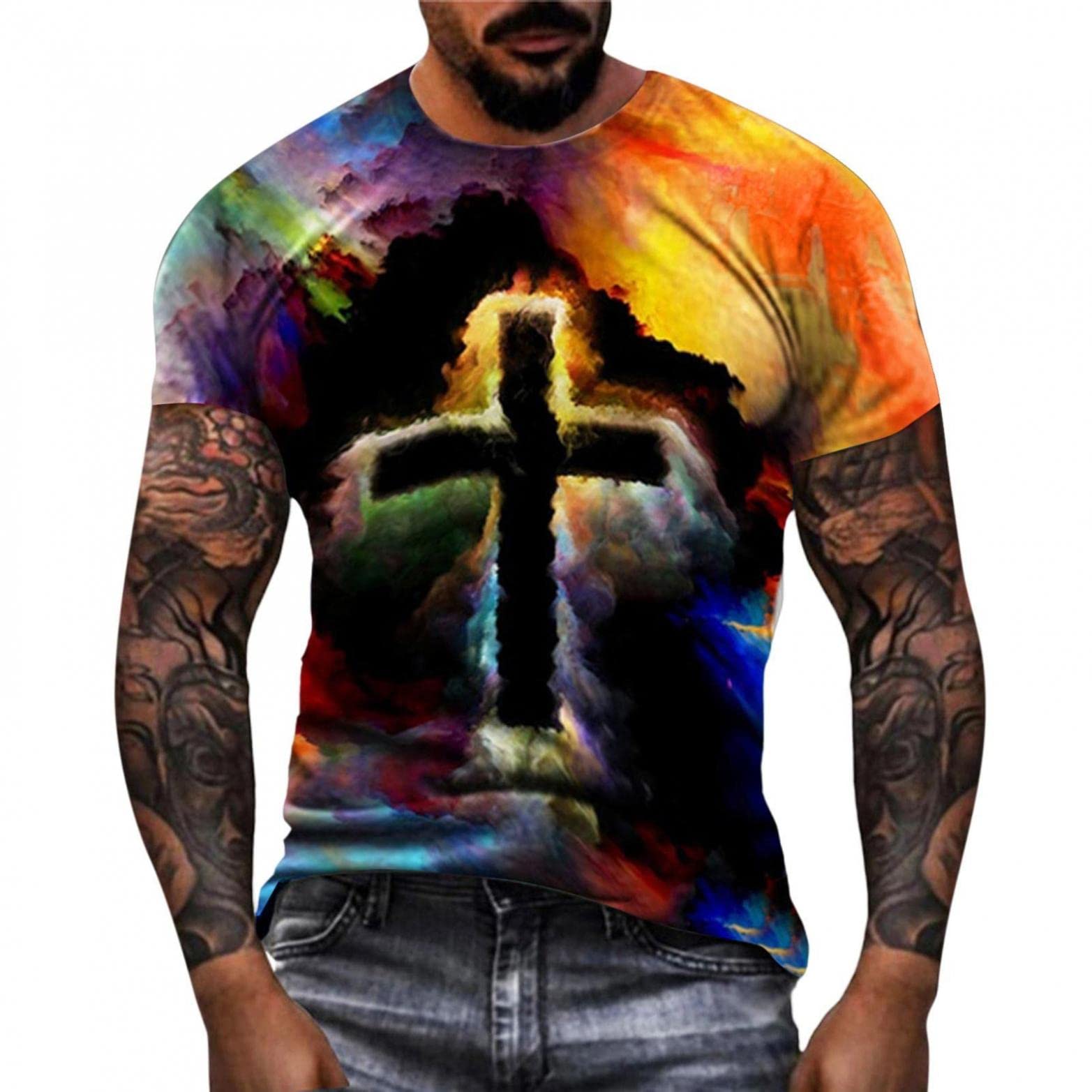Men's Graphic T-Shirts - Short Sleeve Crewneck Tees with Cross Print Design | Summer Casual Wear for Street Style & Everyday Outfits