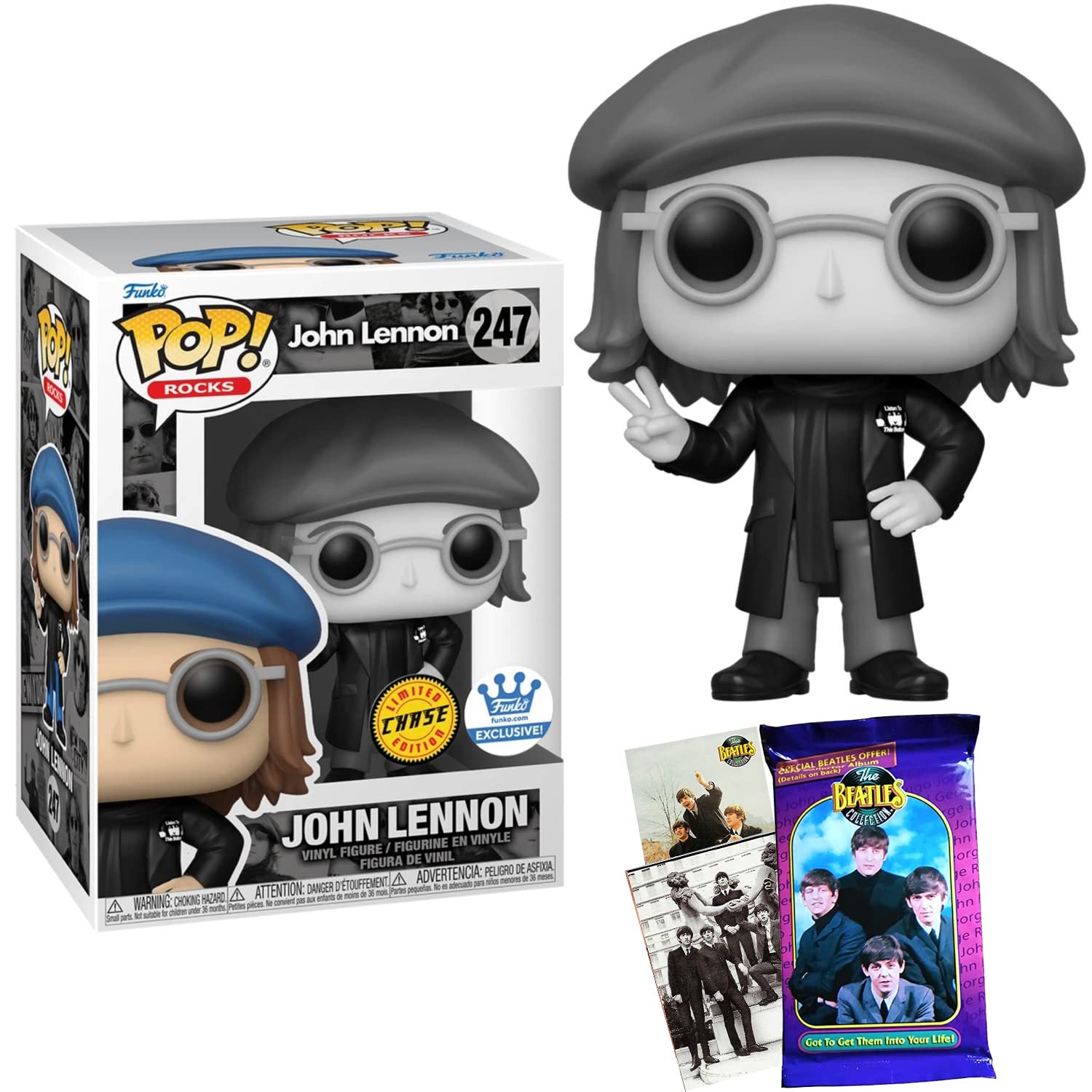 Exclusive Black & White John Lennon Rocks Peace Pop! Figure with Beatles Memorabilia Trading Cards - 2-Piece Collector's Set for Music Fans & Pop Culture Enthusiasts - Perfect for Home Display, Gift Giving & Beatles Memorabilia Collections