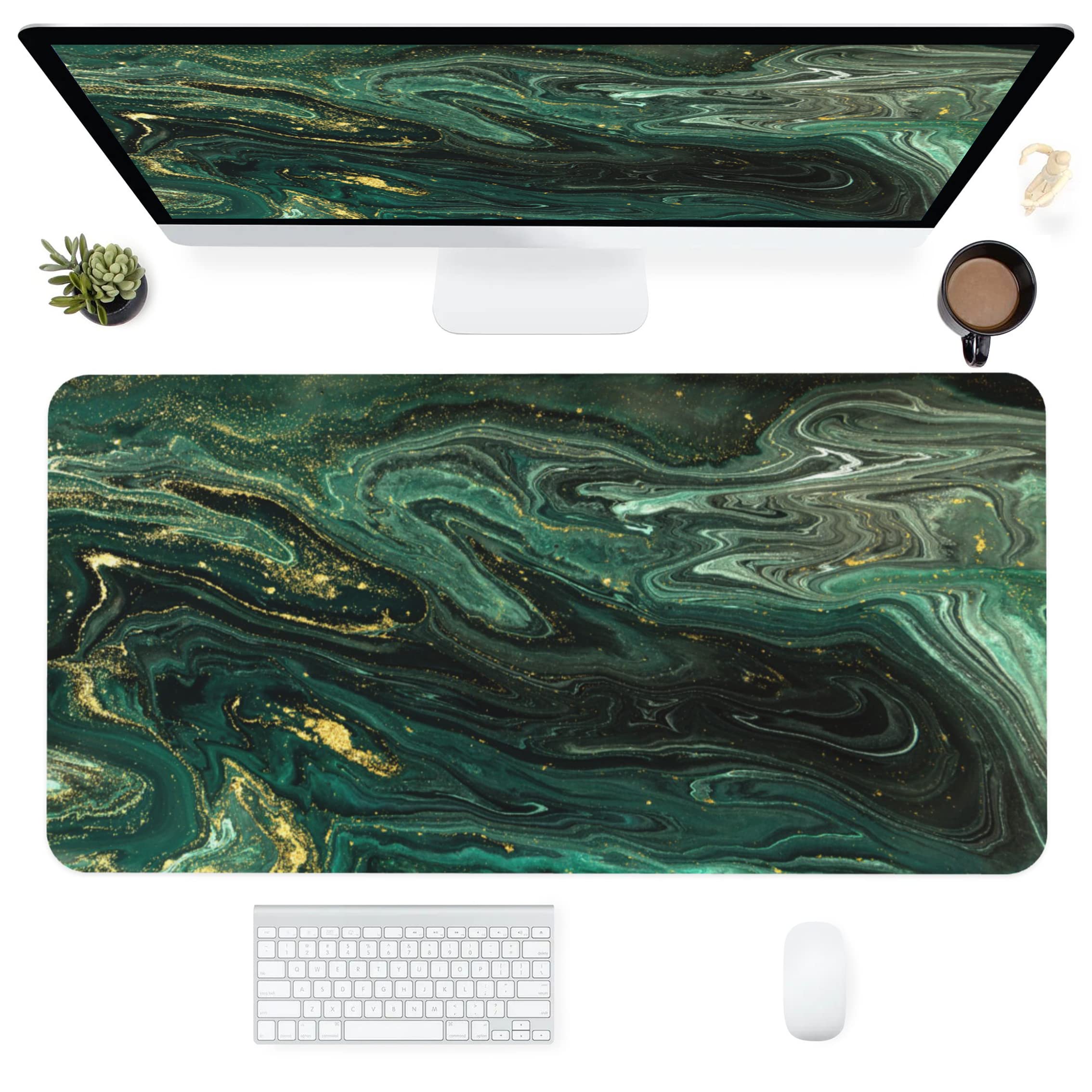 Premium Green Gold Liquid Marble Extended Gaming Mouse Pad - Non-Slip Rubber Base with Stitched Edges (31.5x15.7 Inch) for Office Work, PC Gaming & Computer Use - Perfect for Workstations, Gaming Setups & Home Offices