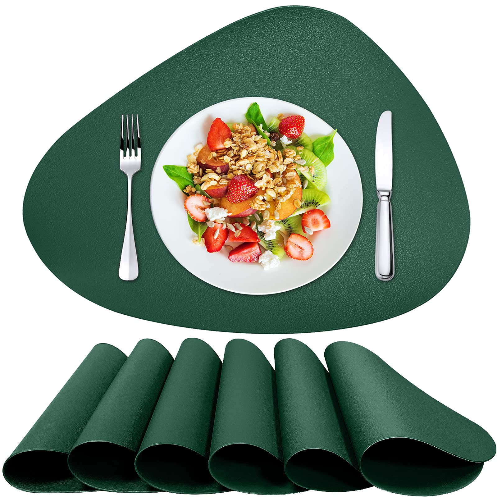 Premium Green Faux Leather Placemats Set of 6 - Waterproof & Washable Round Table Mats for Kitchen, Dining Room, Patio - Indoor/Outdoor Holiday Decor & Christmas Table Setting Accessories - Perfect for Dinner Parties, Family Gatherings & Festive Celebrations