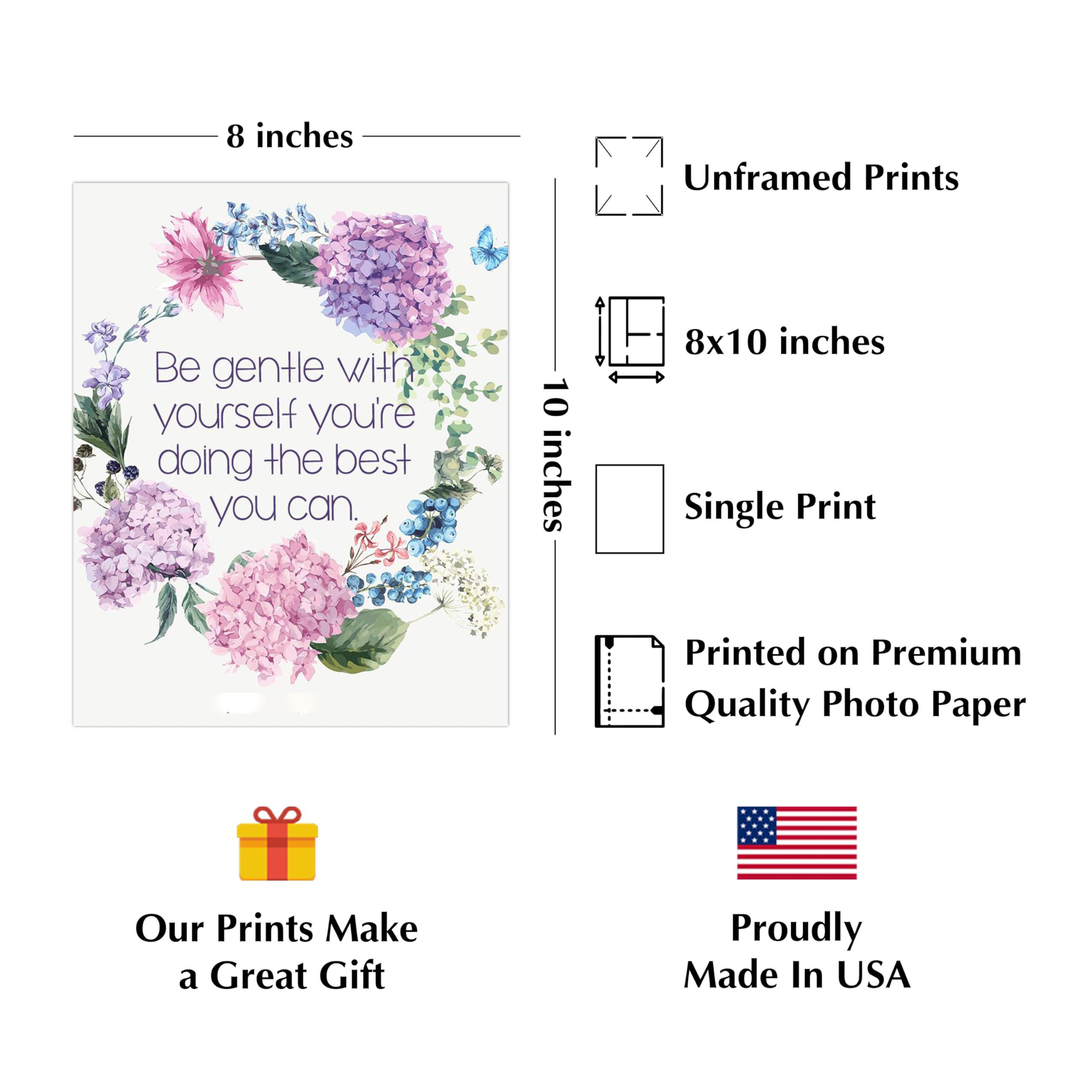 Be Gentle With Yourself - Inspirational Floral Wall Art Print | Motivational Home Decor for Bedroom, Office & Farmhouse | Uplifting Gift Idea with Positive Message | Unframed 8x10 Inches | Perfect for Stress Relief & Mindfulness Spaces