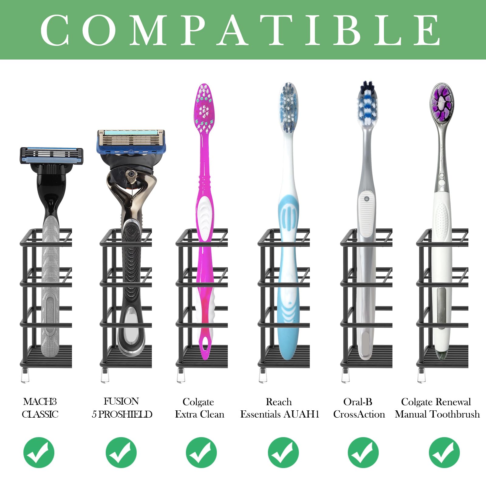 Stainless Steel Toothbrush Holder for Shower - 7 Slot Wall Mount or Countertop Organizer - Compatible with Colgate Extra Clean & Oral-B CrossAction Brushes - Bathroom Storage Solution for Family or Travel Use