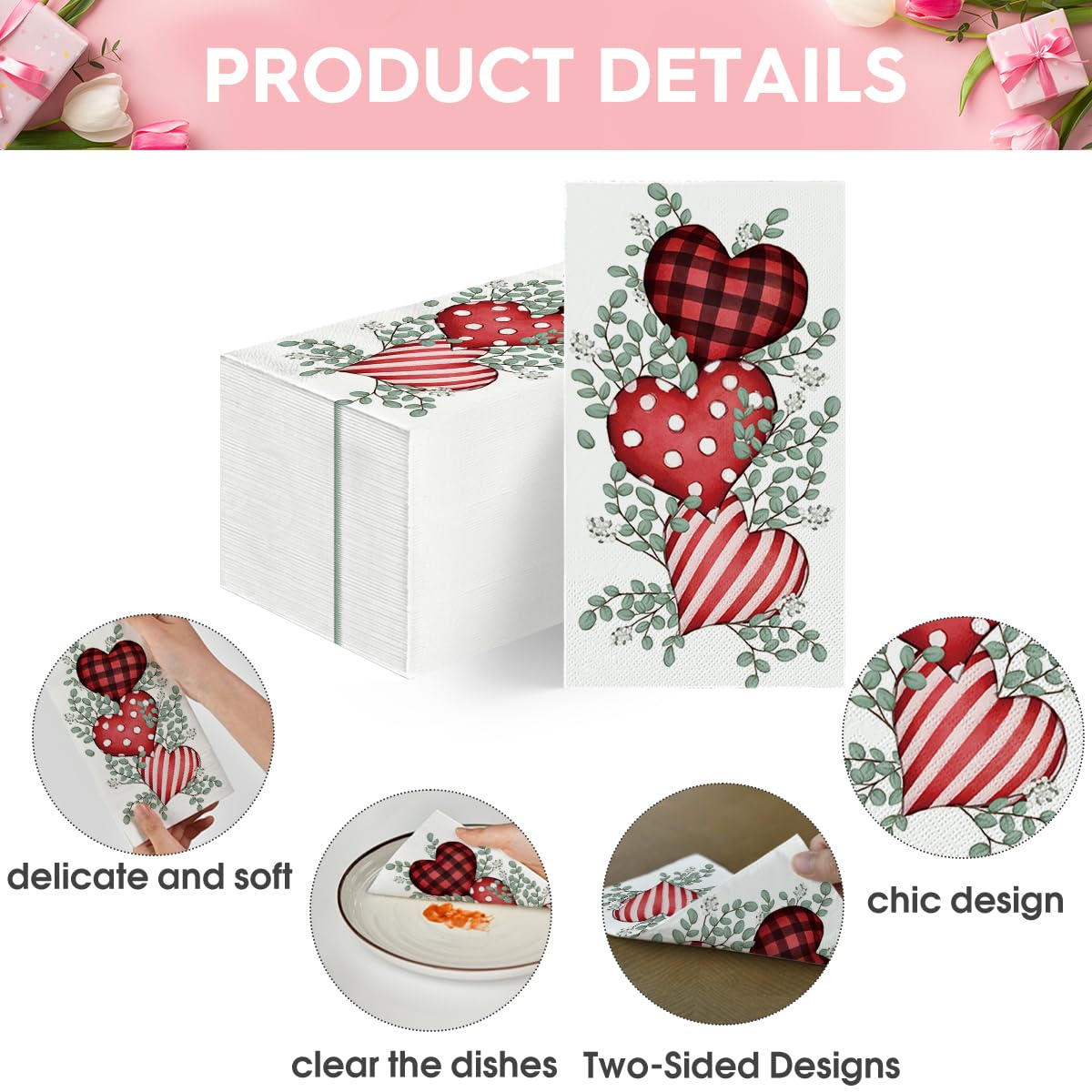 Horaldaily 100-Pack Valentine's Day Disposable Paper Napkins - Heart Print Decorative Guest Towels for Party, Wedding, Dinner & Kitchen Use - Romantic Table Setting for Valentine's Day, Anniversary & Special Occasions