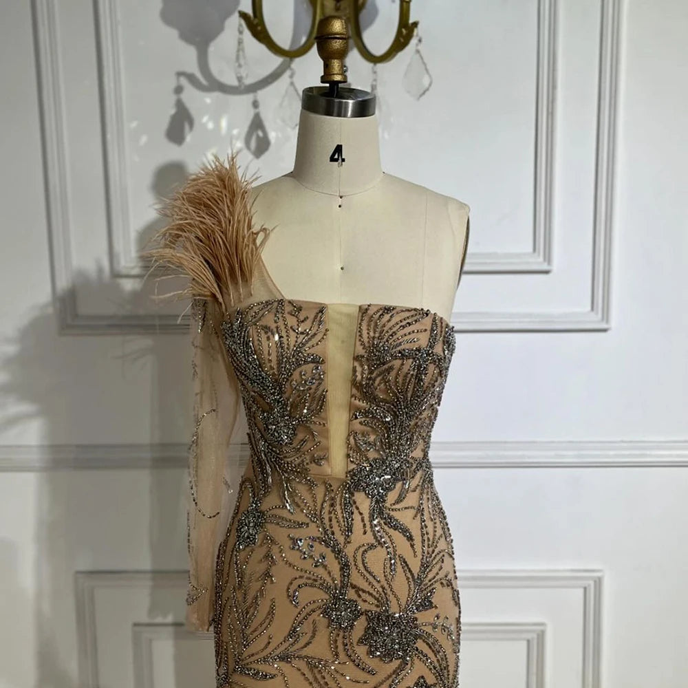 Luxury Dubai Nude One Shoulder Beaded Feather Mermaid Evening Dress for Women - Elegant Wedding Party Gown LA72508 | Perfect for Red Carpet, Gala & Formal Events