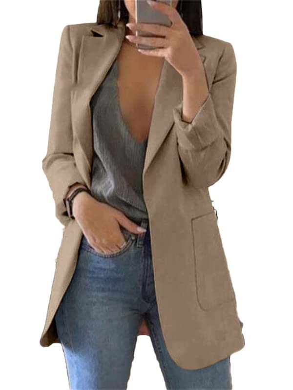 Andongnywell Women's Casual Blazer - Long Sleeve Work Jacket with Pockets (Khaki) for Office & Outwear