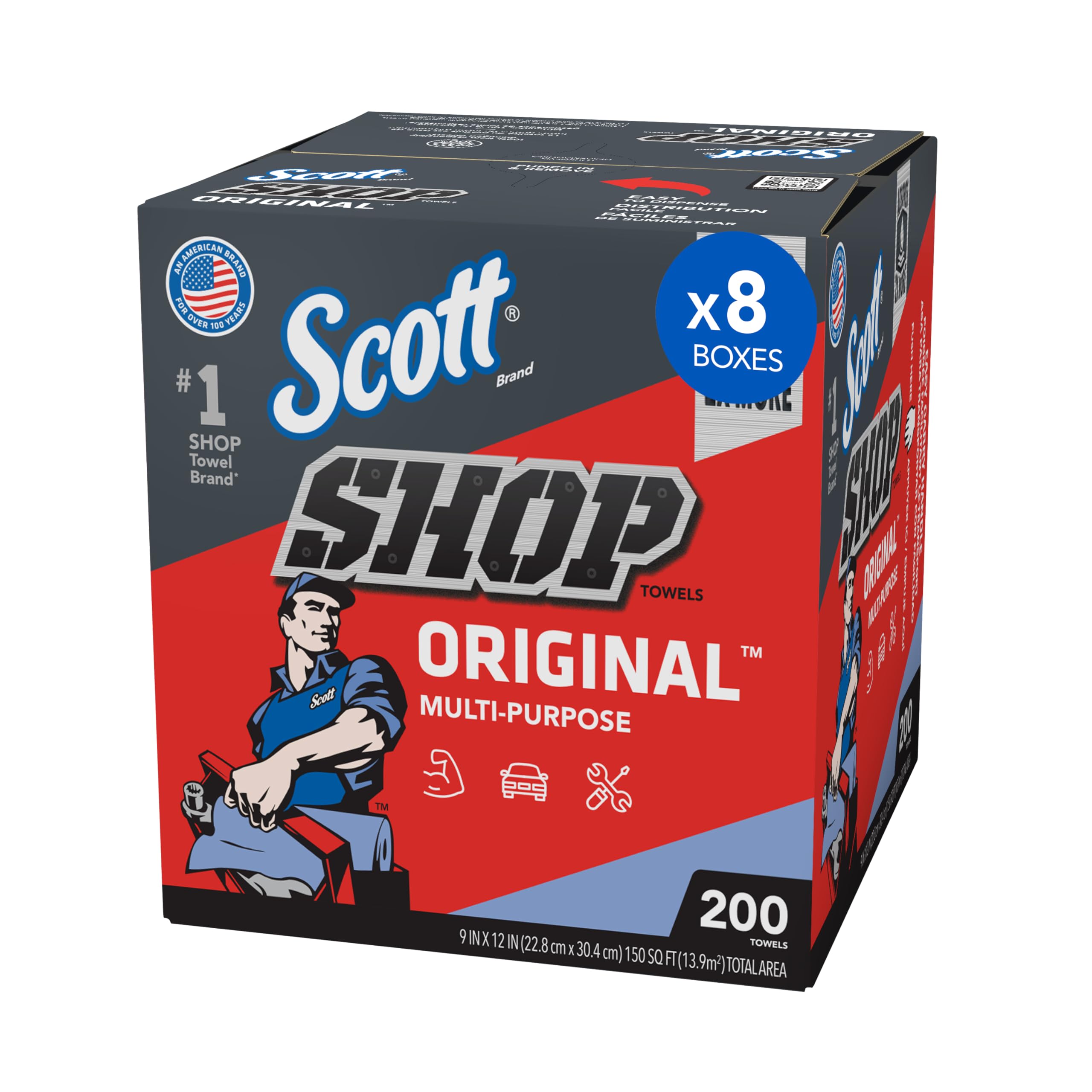 Scott® Shop Towels Original (75190) - Heavy Duty Blue Industrial Paper Towels, 200 Towels per Box, 8 Boxes per Case (1,600 Towels Total) - Pop-Up Dispenser Box for Auto Shops, Garages, Workshops & Industrial Cleaning