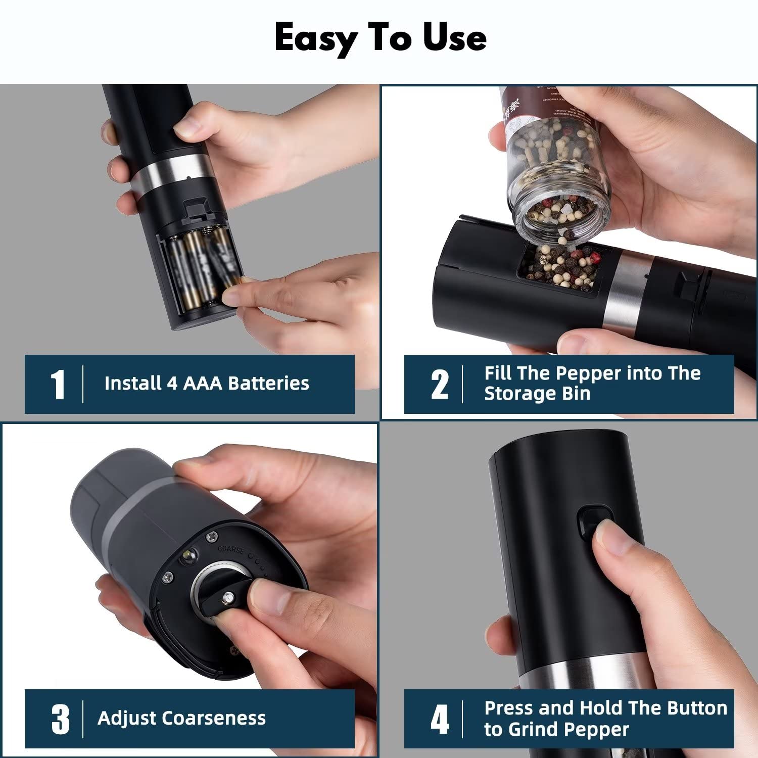 Premium Electric Pepper Grinder & Salt Mill - Battery Operated, Adjustable Coarseness, One-Hand Button Control with LED Light - Refillable Black Peppercorn Grinder (Batteries Not Included) - Perfect for Kitchen, Dining Table & Gourmet Cooking