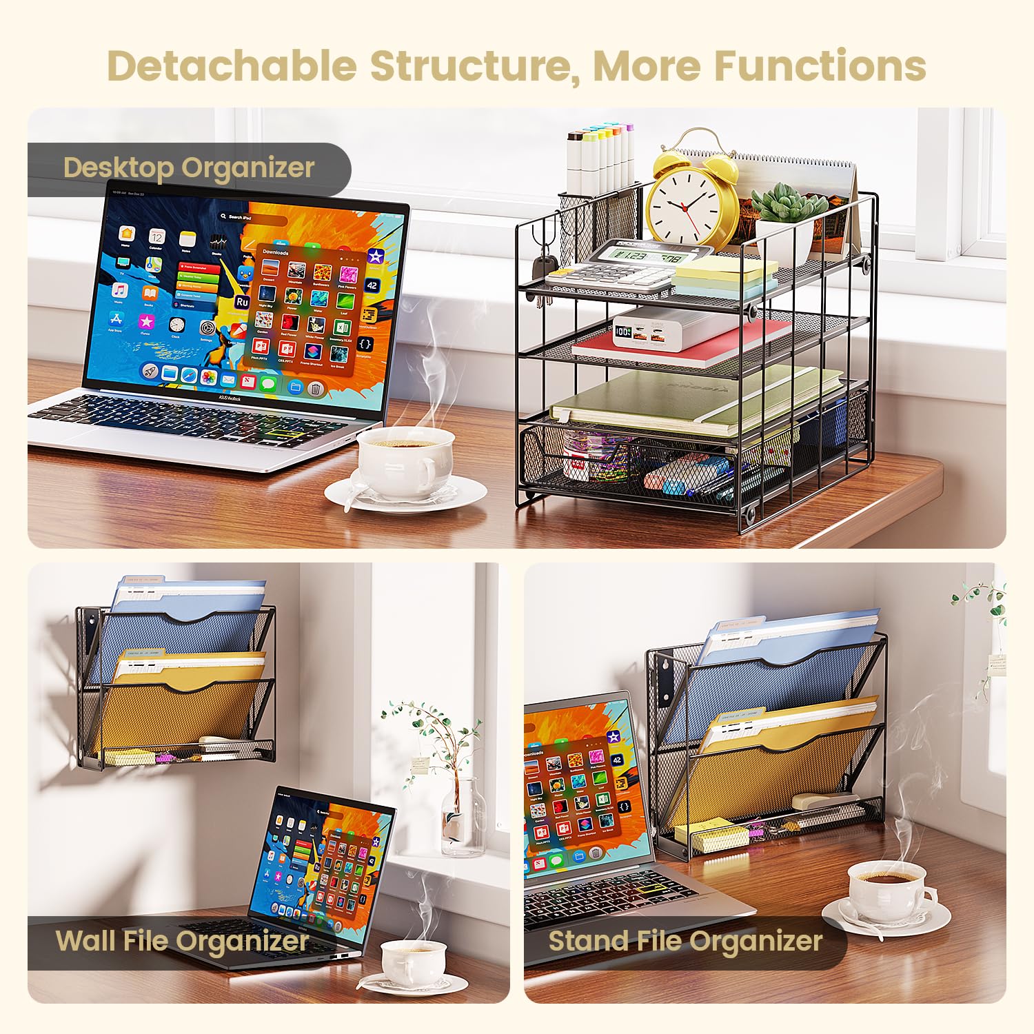 Wattne 4-Tier Mesh Desk Organizer with File Holder, Drawer & Pen Holder - Office Paper Letter Tray, Magazine Rack for Home & Workspace Supplies | Perfect for Organizing Documents, Stationery & Office Essentials