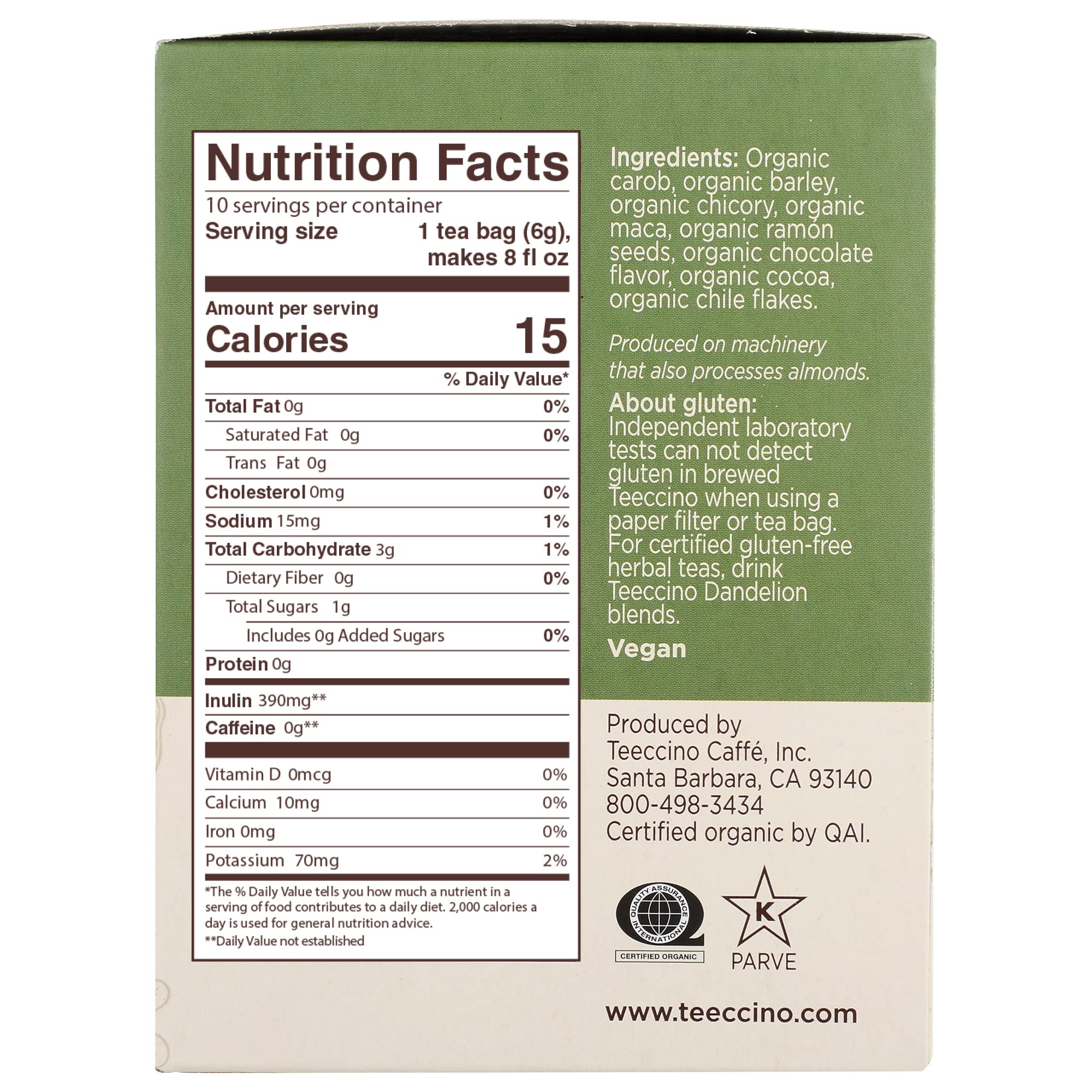 Teeccino Herbal Tea – Maca Chocolaté – Caffeine Free Coffee Alternative with Adaptogenic Peruvian Maca, Cacao & Chicory – Prebiotic, Acid Free – 10 Tea Bags (Pack of 4) – Perfect for Relaxation, Digestion & Healthy Lifestyle