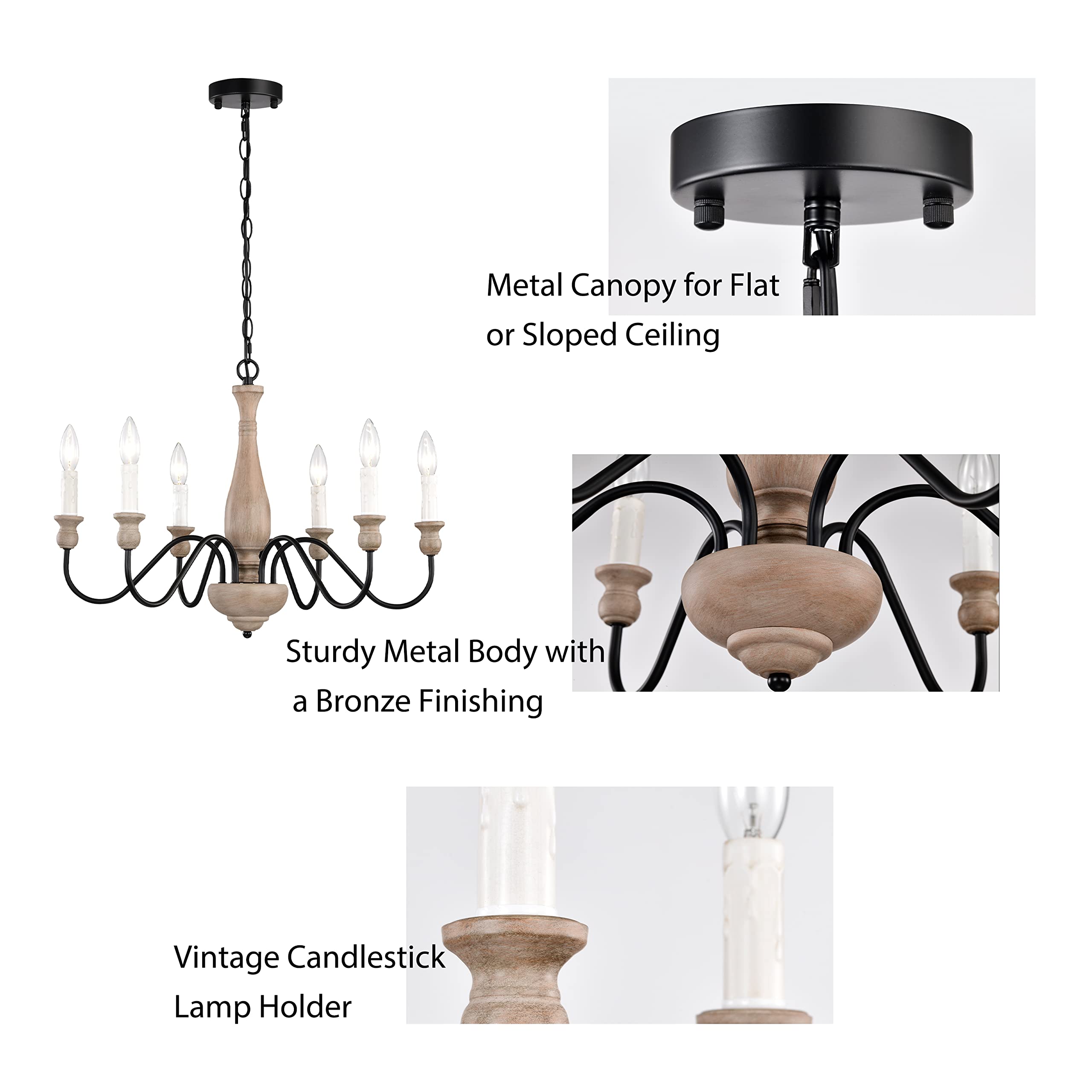 6-Light Black Metal Farmhouse Chandelier - 23.6