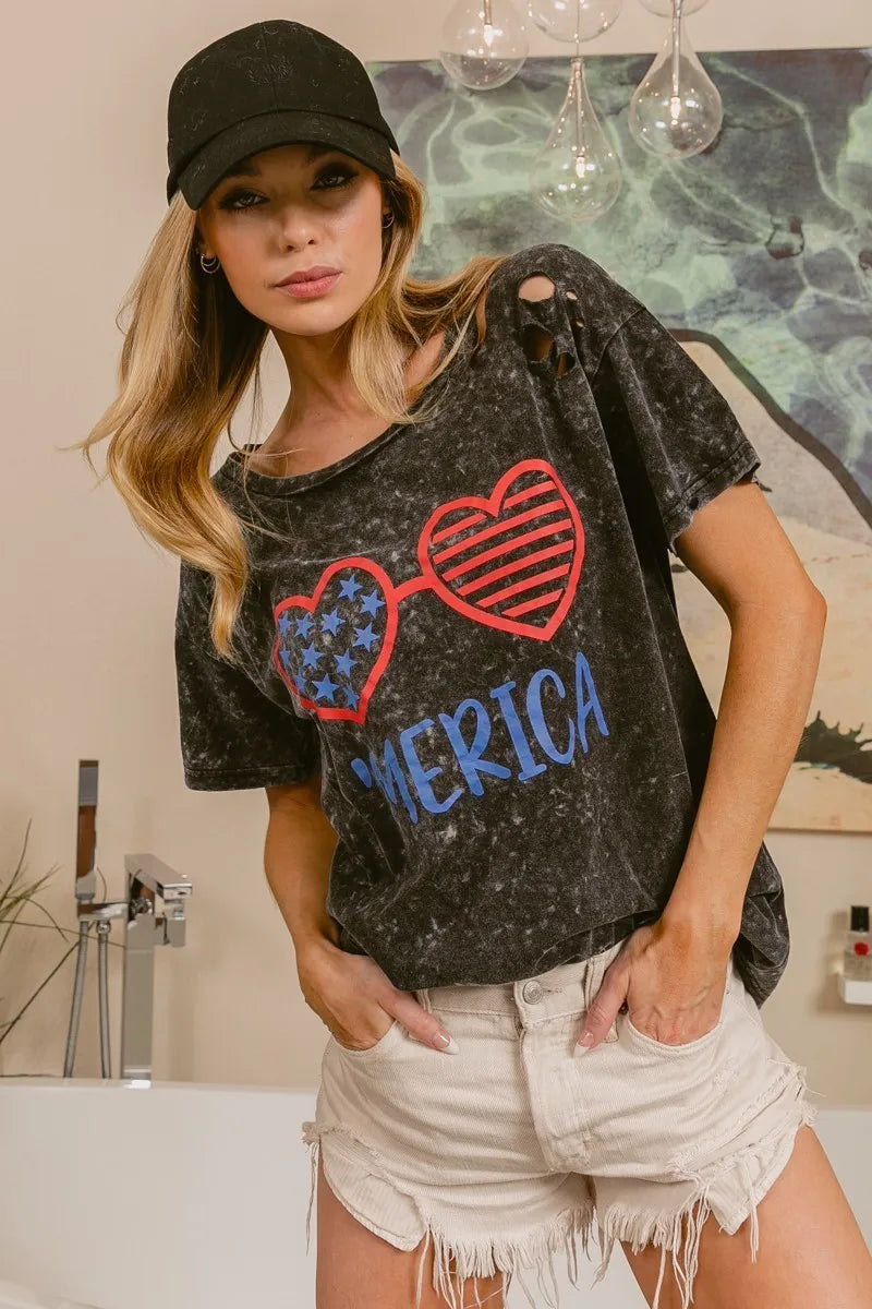BiBi 4th of July Patriotic Women's Distressed Laser Cut Top - Perfect for Independence Day Parties, BBQ Gatherings & Summer Festivals