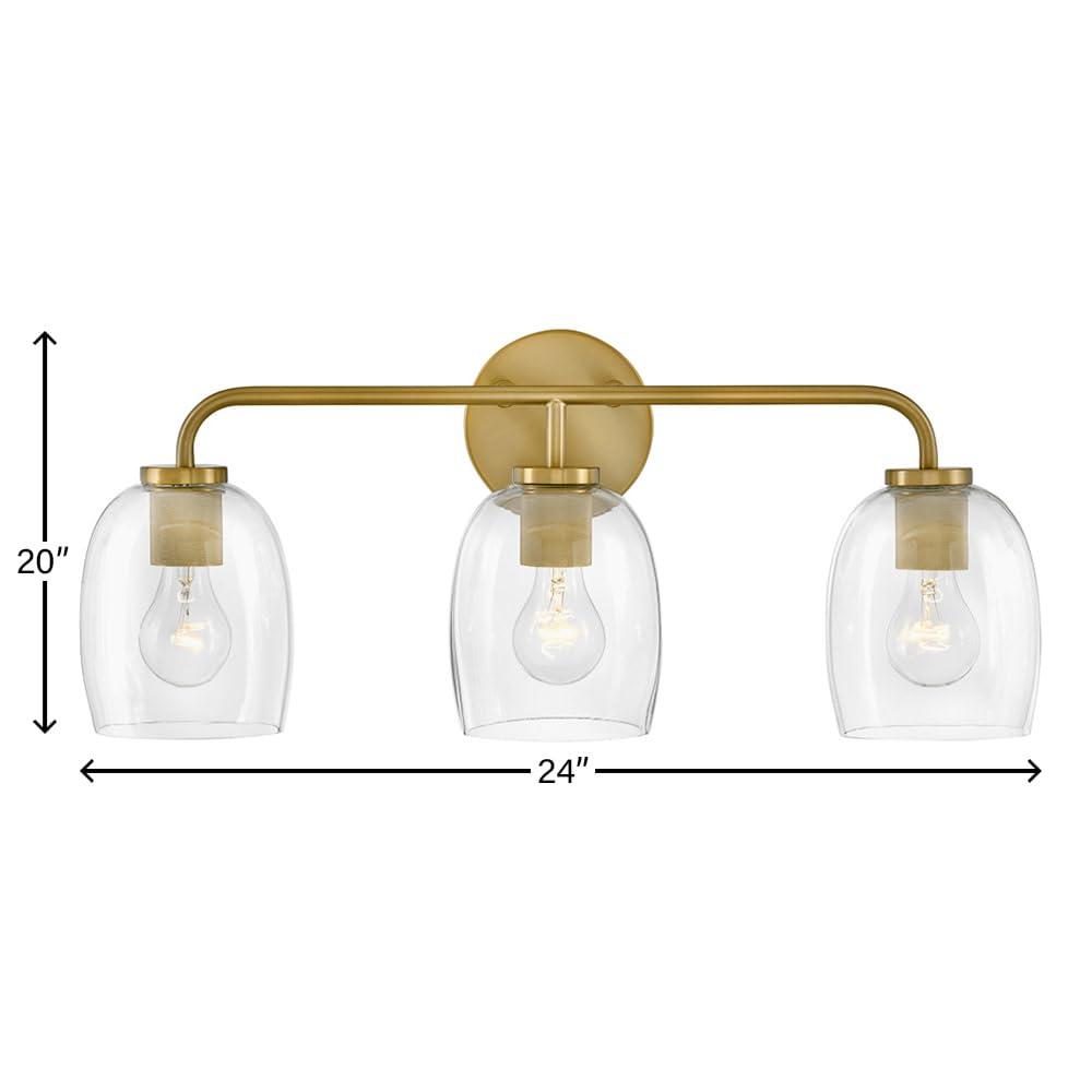 Lark Percy 85013LCB 3-Light Bathroom Vanity Light Fixture - Transitional Style, Bell-Shaped Clear Glass Shade, Up or Down Mount - Lacquered Brass Finish - Perfect for Bathroom, Powder Room & Dressing Area Lighting