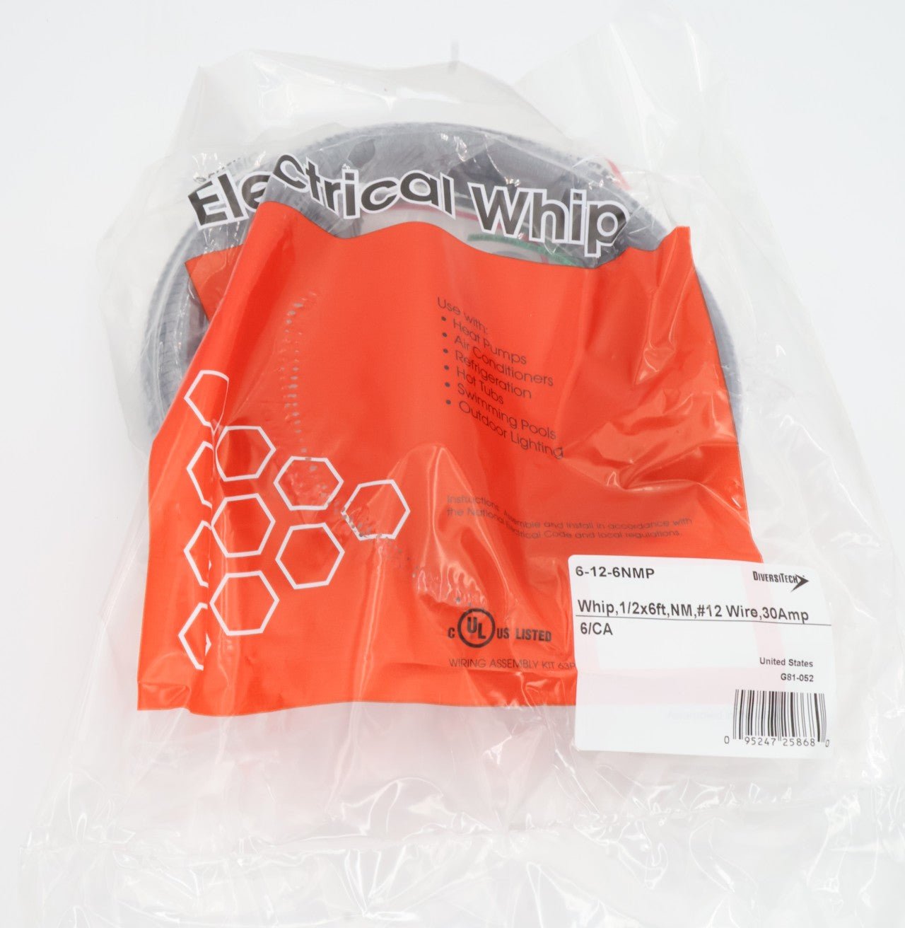 DiversiTech WHIP KIT 1/2in x 6ft #12 THHN Wire with Non-Metallic Connectors (6-12-6NMP) - Perfect for HVAC Electrical Installations and Appliance Wiring