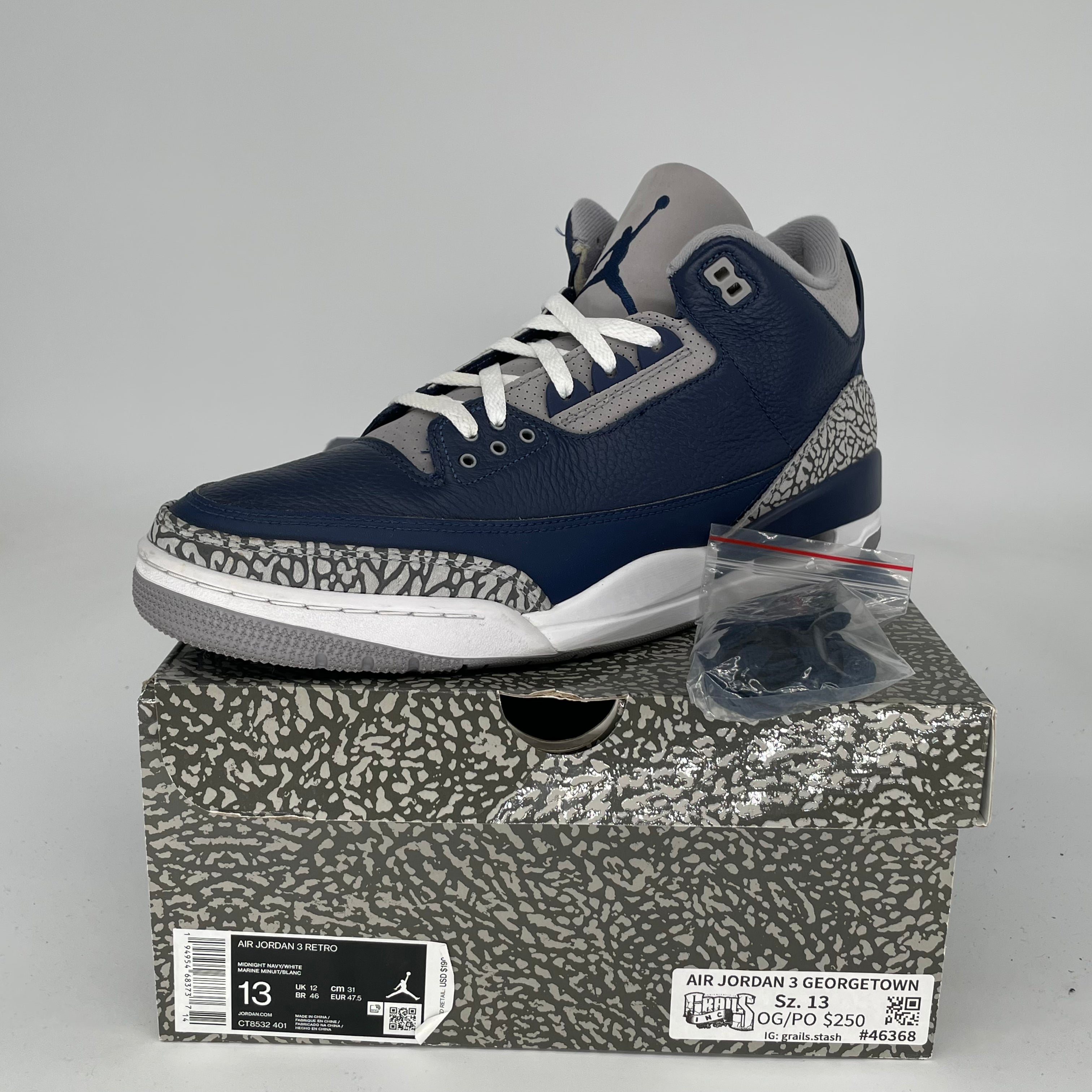 AIR JORDAN 3 GEORGETOWN Retro Basketball Shoes Men's Size 13 - White/Blue/Gray CT8532-401 | Authentic Sneakers for Casual Wear & Street Style