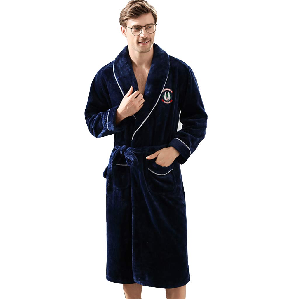 Men's Winter Flannel Pajamas & Bathrobe Set - Warm Thickened Nightgown for Autumn & Winter - Blue, Size L - Perfect for Lounging, Sleepwear & Cozy Home Relaxation