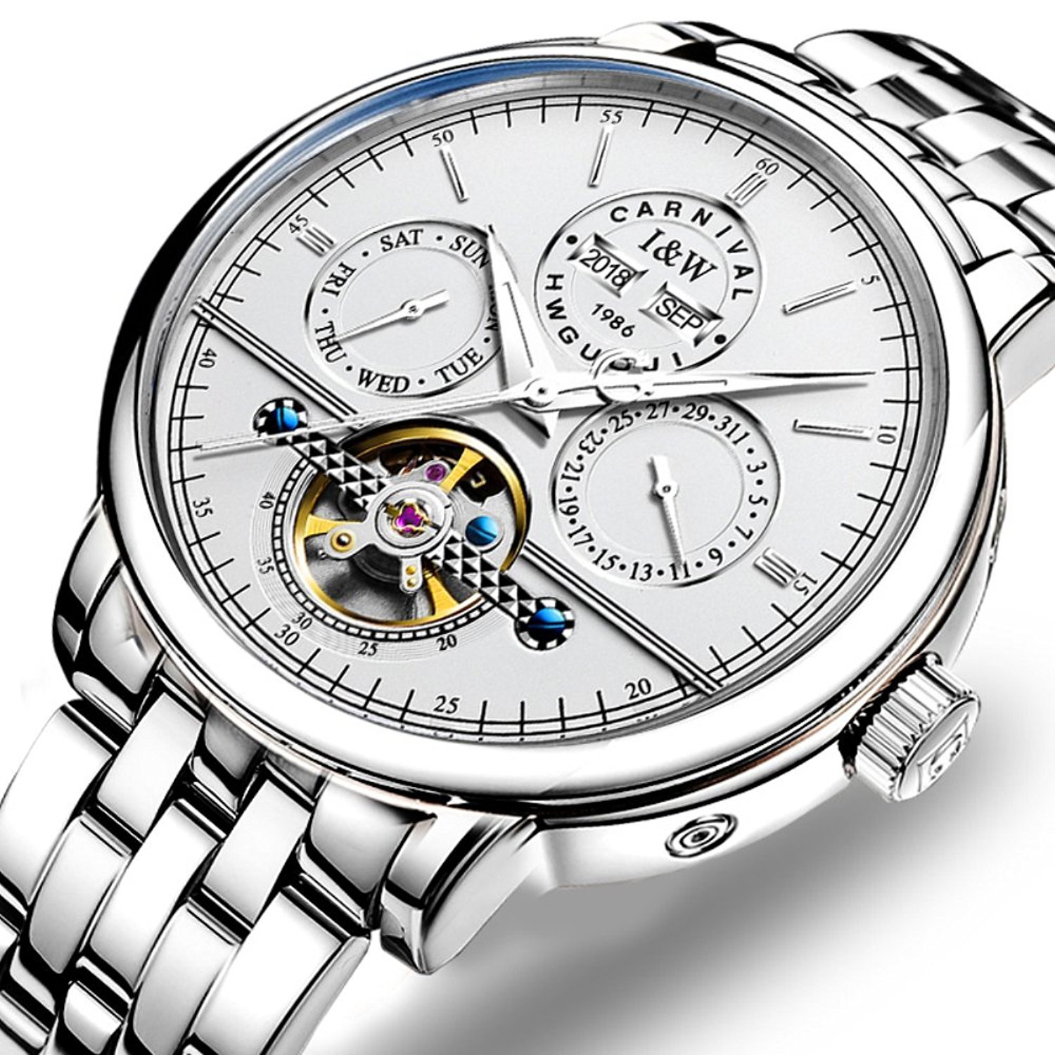 Carlien Men's Automatic Tourbillon Watch - Stainless Steel Mechanical Luminous Waterproof Multifunction Wristwatch for Business, Dress & Outdoor Activities