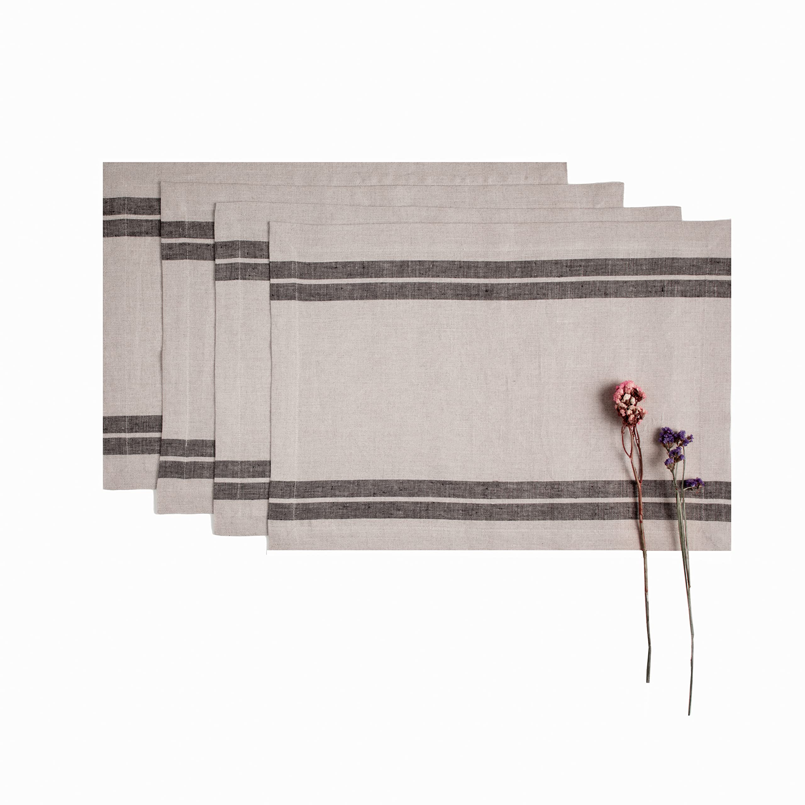 D'Moksha Homes 100% Pure French Linen Placemats Set of 4 - Natural & Black Striped Table Mats 14x19 Inch - Machine Washable Dining Table Decor for Easter, Thanksgiving, Dinner Parties & Home Decor