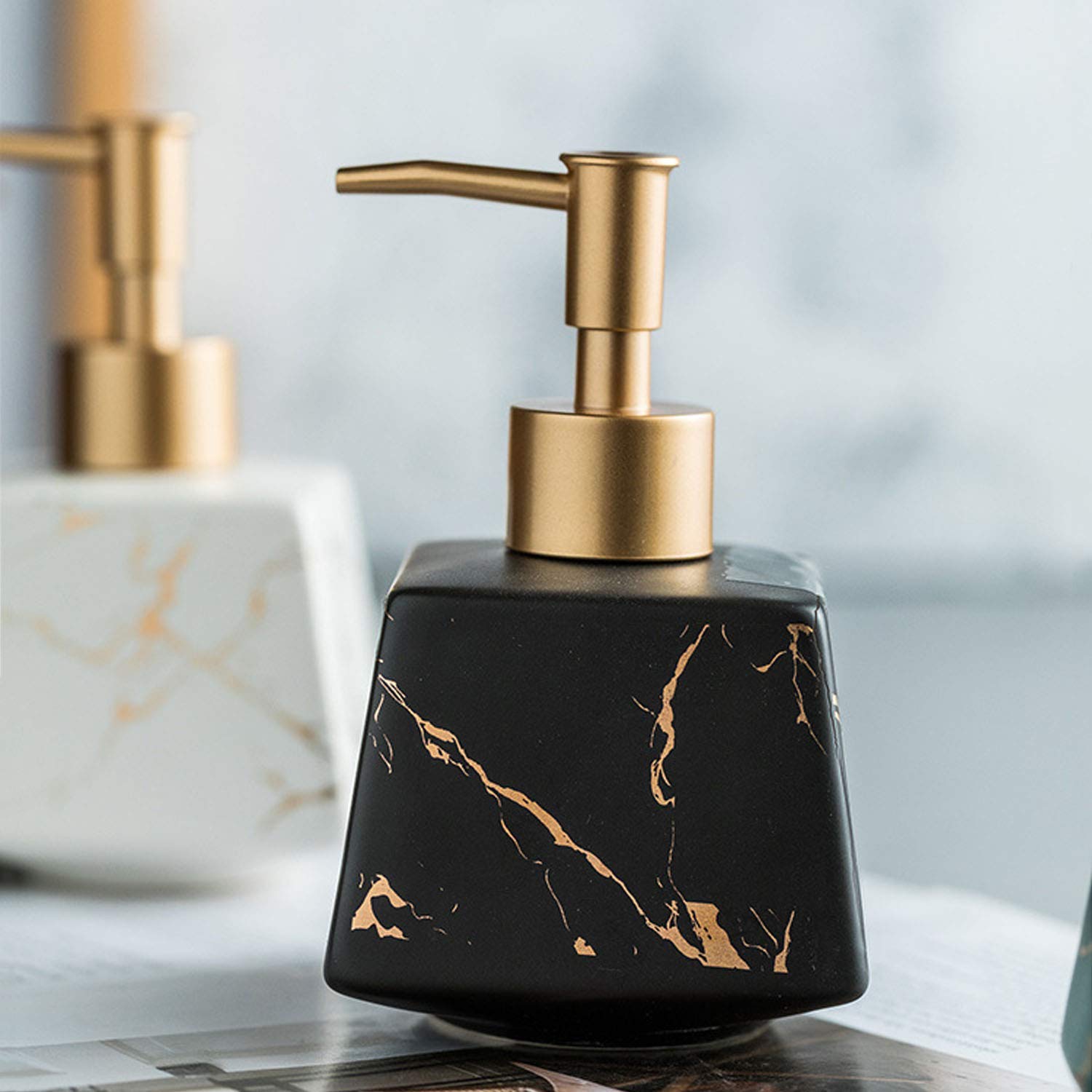 Premium Ceramic Soap Dispenser with Gold Pump - 8oz Square Bathroom Liquid Soap Bottle for Hand Soap, Lotion & Shampoo - Elegant Black & White Design - Perfect for Modern Bathrooms, Spa-Like Showers & Luxury Vanities