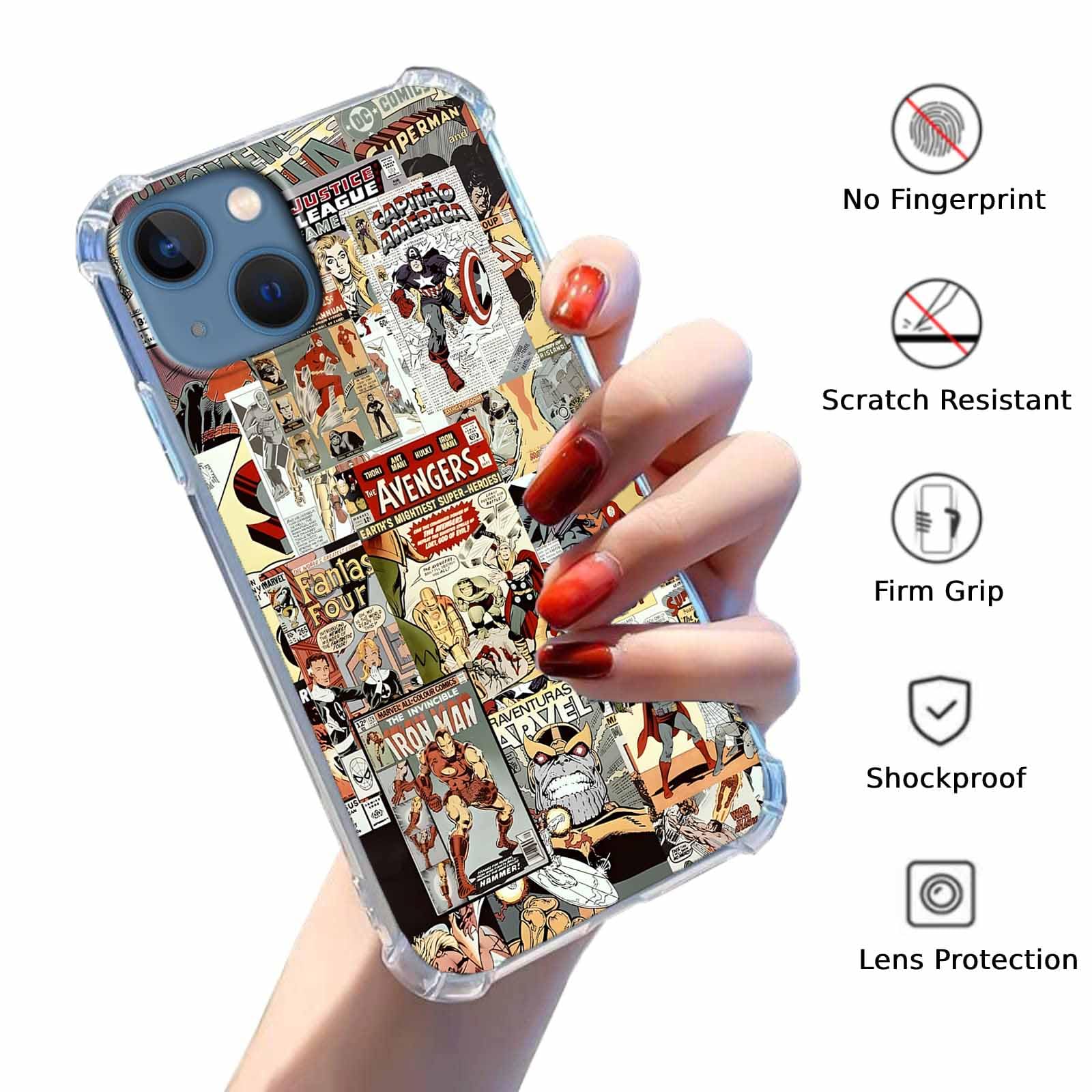 Superhero Design iPhone 15 Case - Cartoon Comic Pop Culture Art Collage Clear TPU Bumper Cover for 6.1