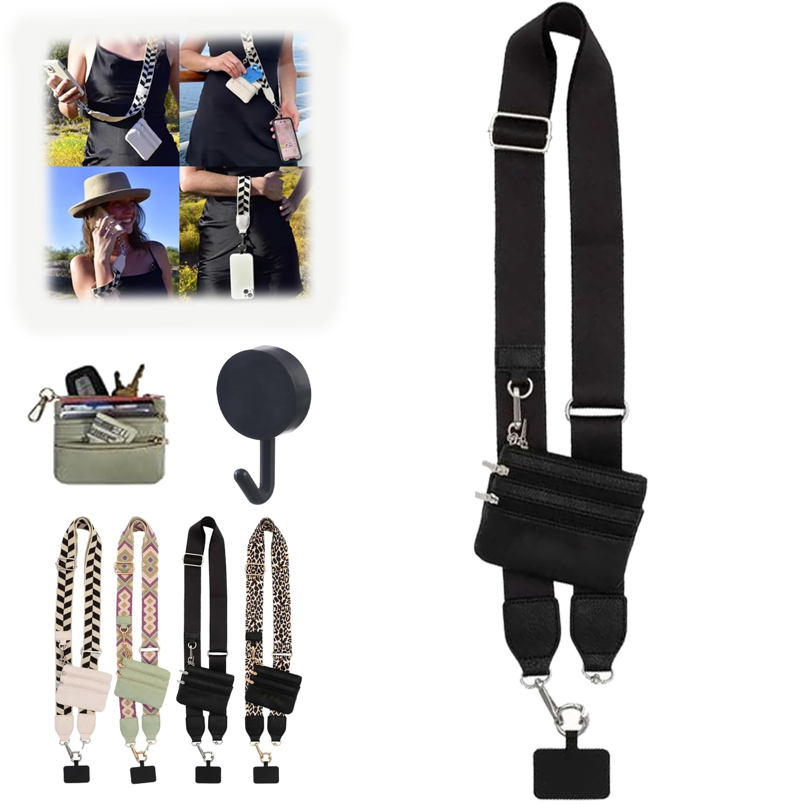 Phone Strap with Zippered Pouch & Clip - Hands-Free Crossbody Strap for Smartphones - Secure Wallet & Essentials Holder - Perfect for Travel, Shopping, and Everyday Use