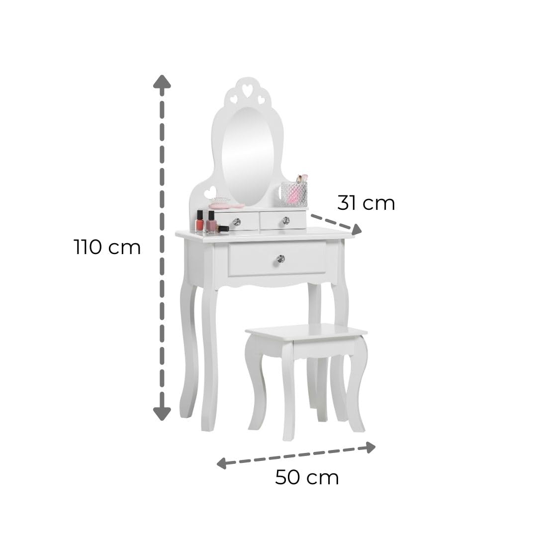 Girl's Wooden Makeup Vanity Set with Stool & Mirror - Kids Bedroom Furniture for 3-7 Years Old - Perfect Birthday Gift