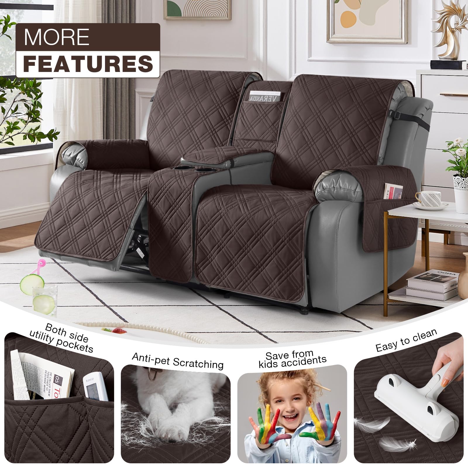 TAOCOCO Loveseat Recliner Cover with Console - Non-Slip Recliner Chair Slipcover in Chocolate Brown - Perfect for Living Room, Home Theater, and Family Room Furniture Protection
