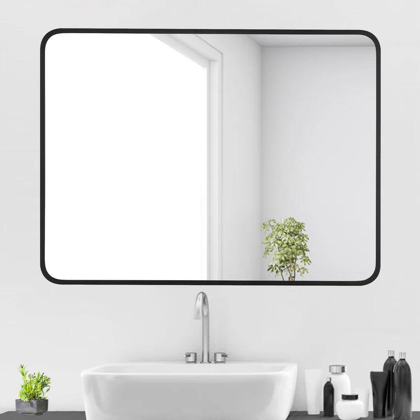 Modern Black Aluminum Framed Wall Mirror - Sleek Soft Corner Design for Living Room, Bedroom & Bathroom Decor | Home & Office Interior Accent Mirror