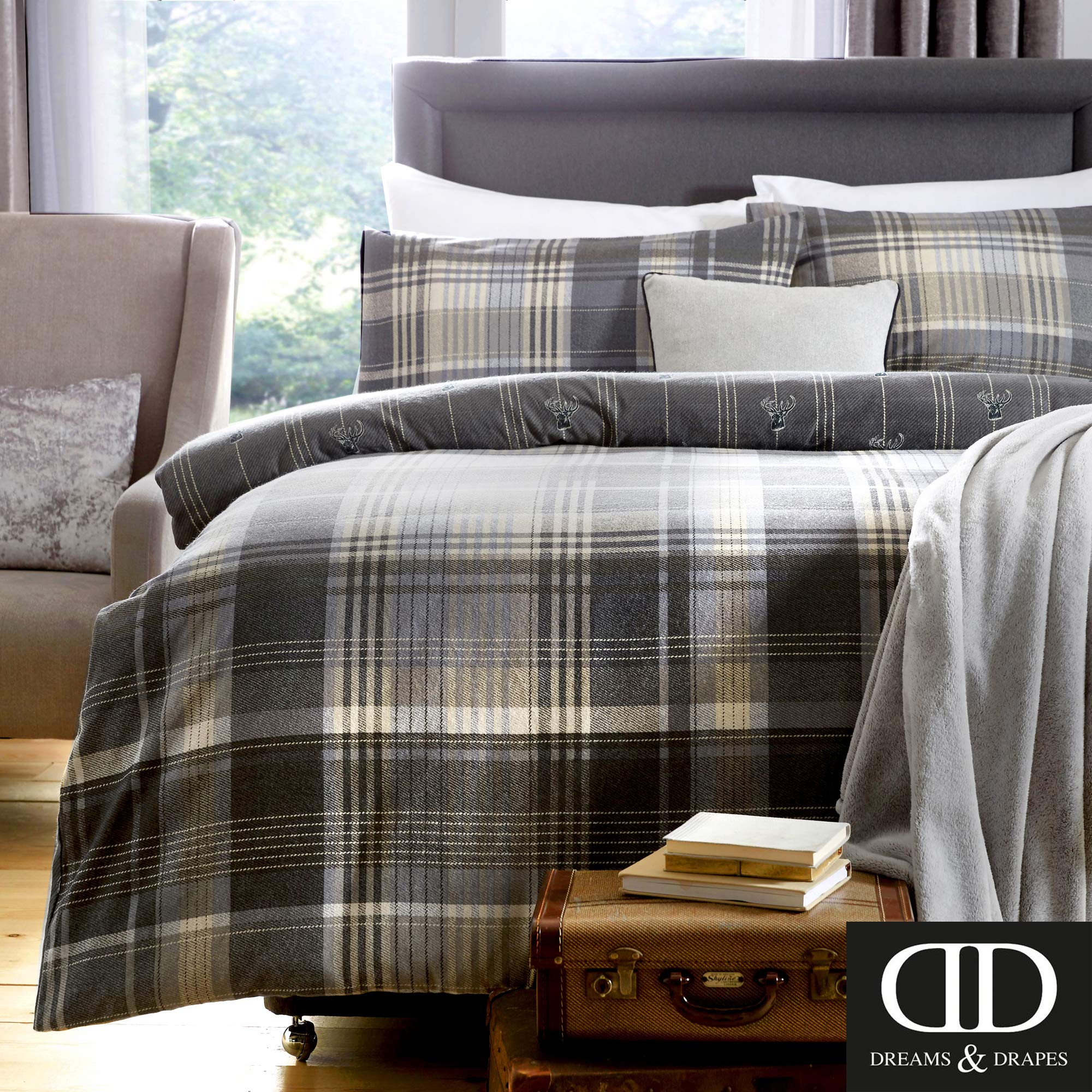 DREAMS AND DRAPES Connolly Check Reversible 100% Cotton Flannel Duvet Cover Set - Charcoal Grey - UK King Size - Soft & Breathable Bedding for Cozy Winter Nights