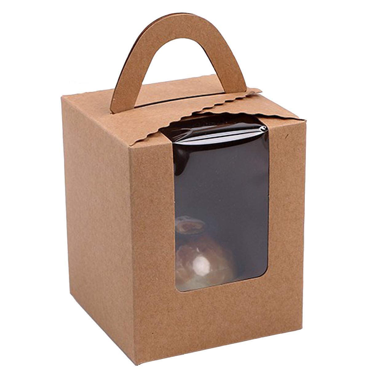 iHomeCooker 25-Piece Single White Cupcake Containers with Window Inserts & Handle - Elegant Wedding Candy Gift Boxes (25P-Handle-Brown) | Perfect for Party Favors, Baby Showers & Birthday Celebrations