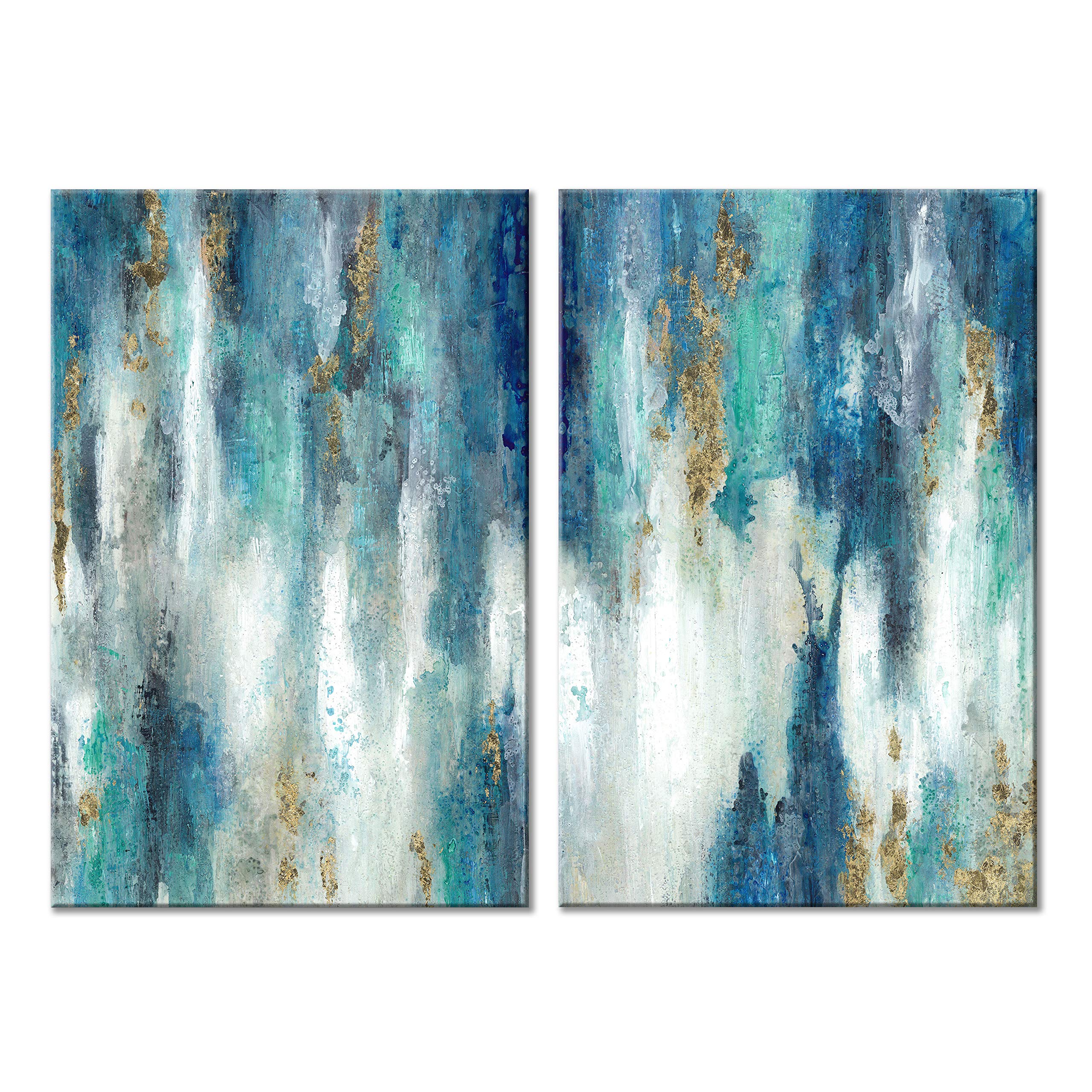 Abstract Blue and Gold Wall Art Set - 2 Panel Canvas Oil Painting (36