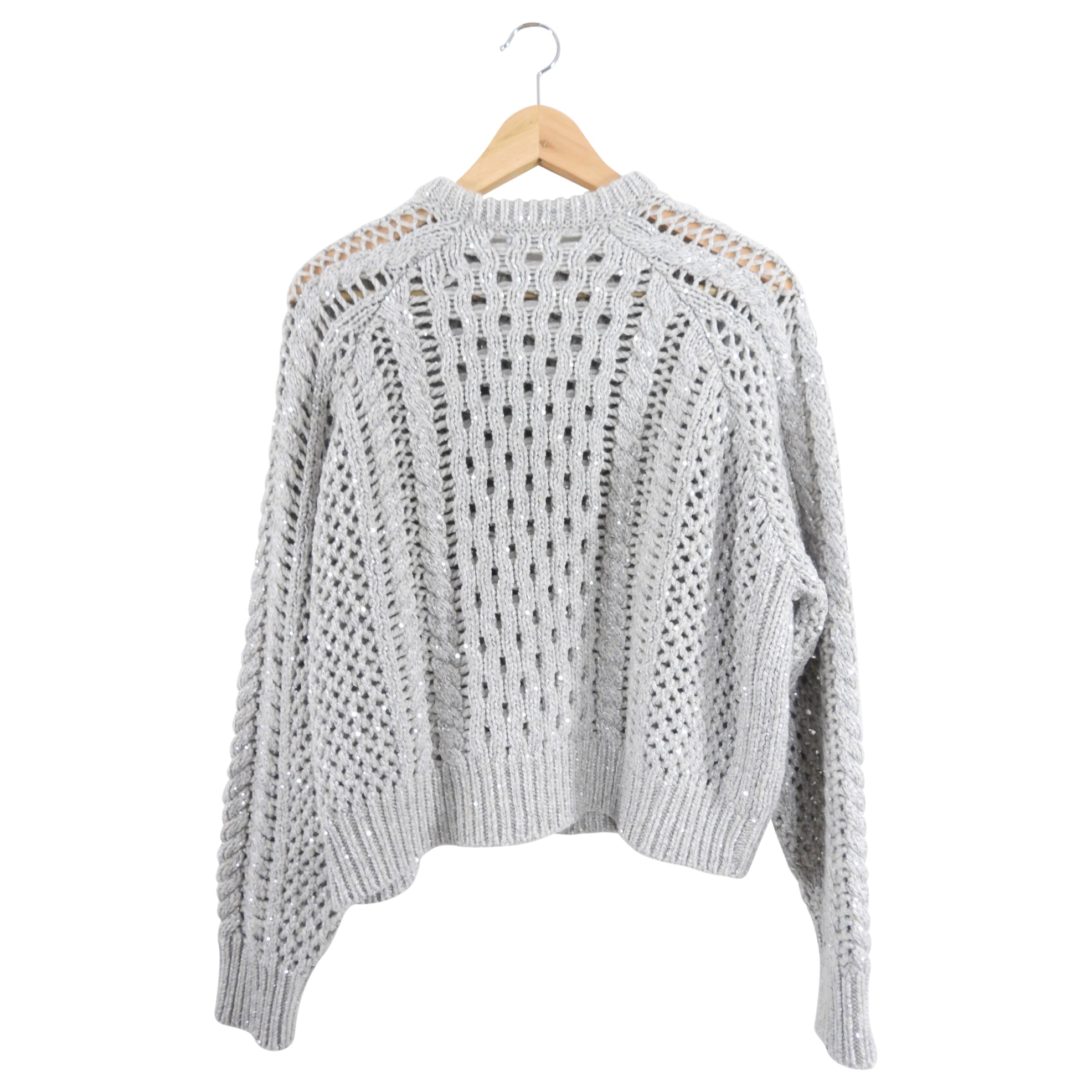Brunello Cucinelli Grey Shimmer Cable Knit Sweater for Women - Size S (4/6) - Soft Cashmere Blend Winter Pullover for Office & Holiday Parties