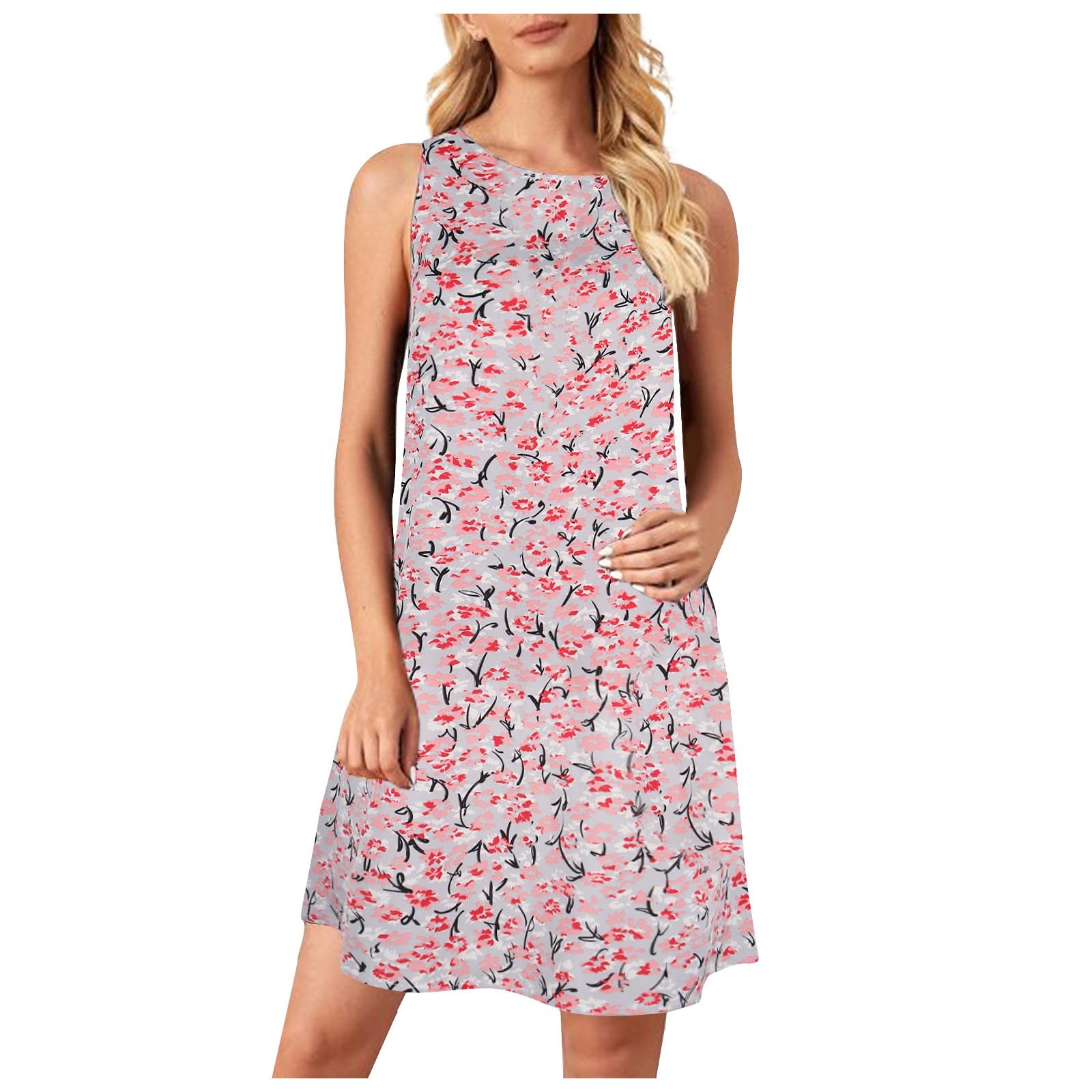 Women's Summer Floral Print Maxi Dress - Casual Loose Round Neck Sleeveless Mini Dress for Beach, Vacation & Outdoor Parties